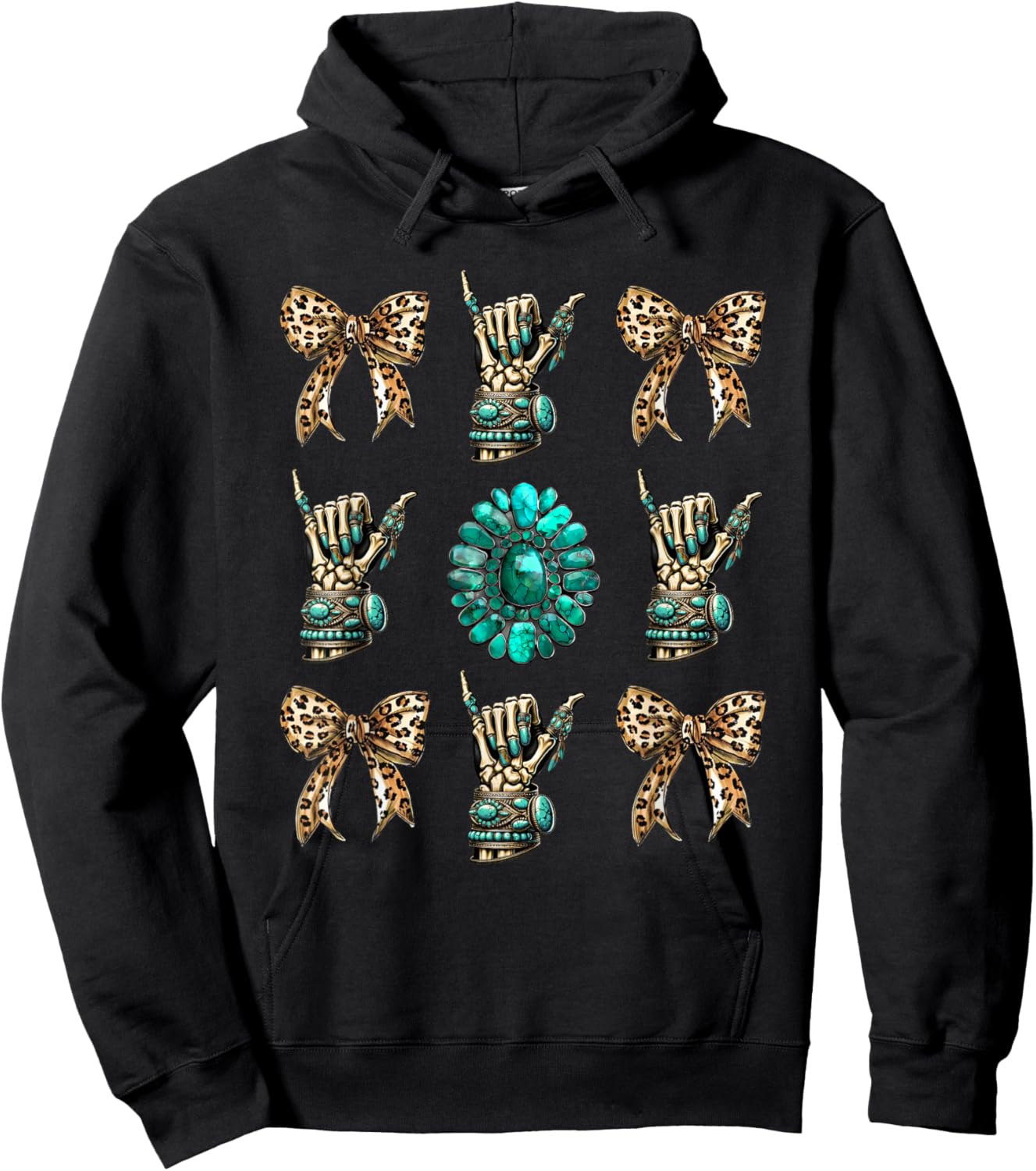 Skeleton Coquette Cowgirl Turquoise Leopard Western Rodeo Hoodie - Hoodie | Black