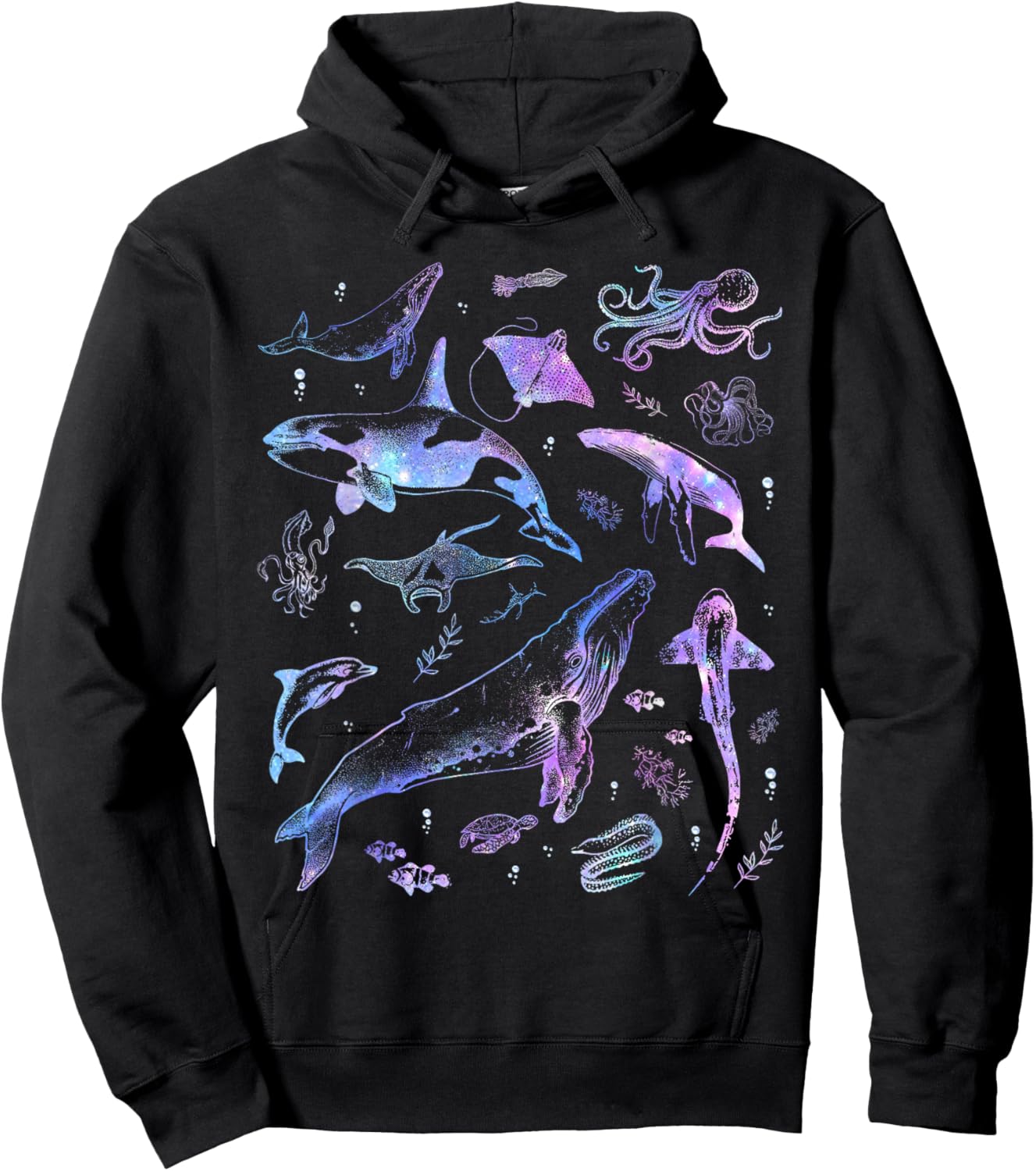 Vintage 90s Ocean Wildlife Shark Turtle Octopus Hoodie - Hoodie | Black