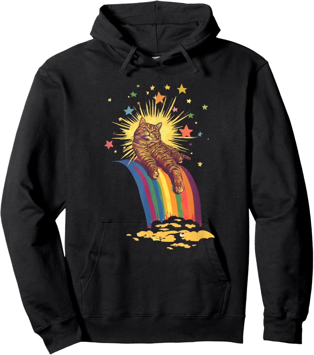 Retro Vintage Relaxed Tabby Cat Lounging On A Rainbow Hoodie - Hoodie | Black