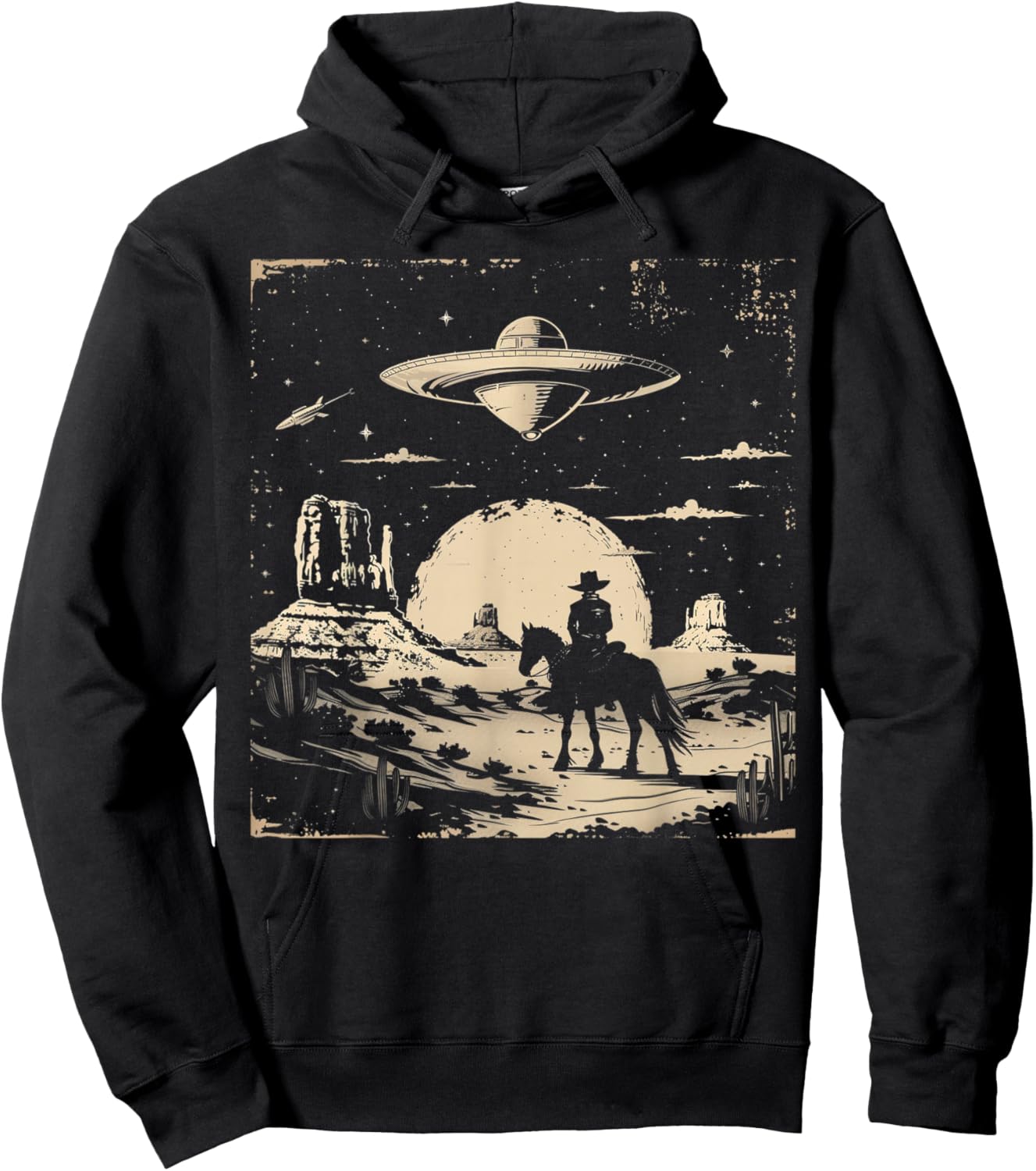 Vintage Western Cowboy Cowgirl UFO Wild West Horse Hoodie - Hoodie | Black