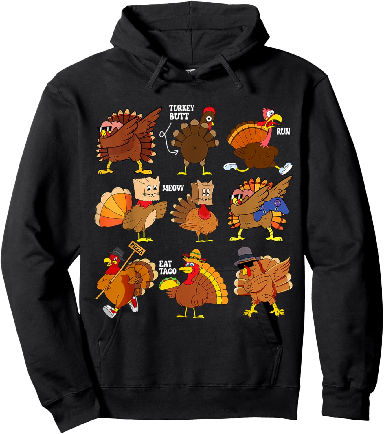 Funny Thanksgiving Turkey Gamer Taco Pizza Turkey Family Hoodie - Hoodie | Black