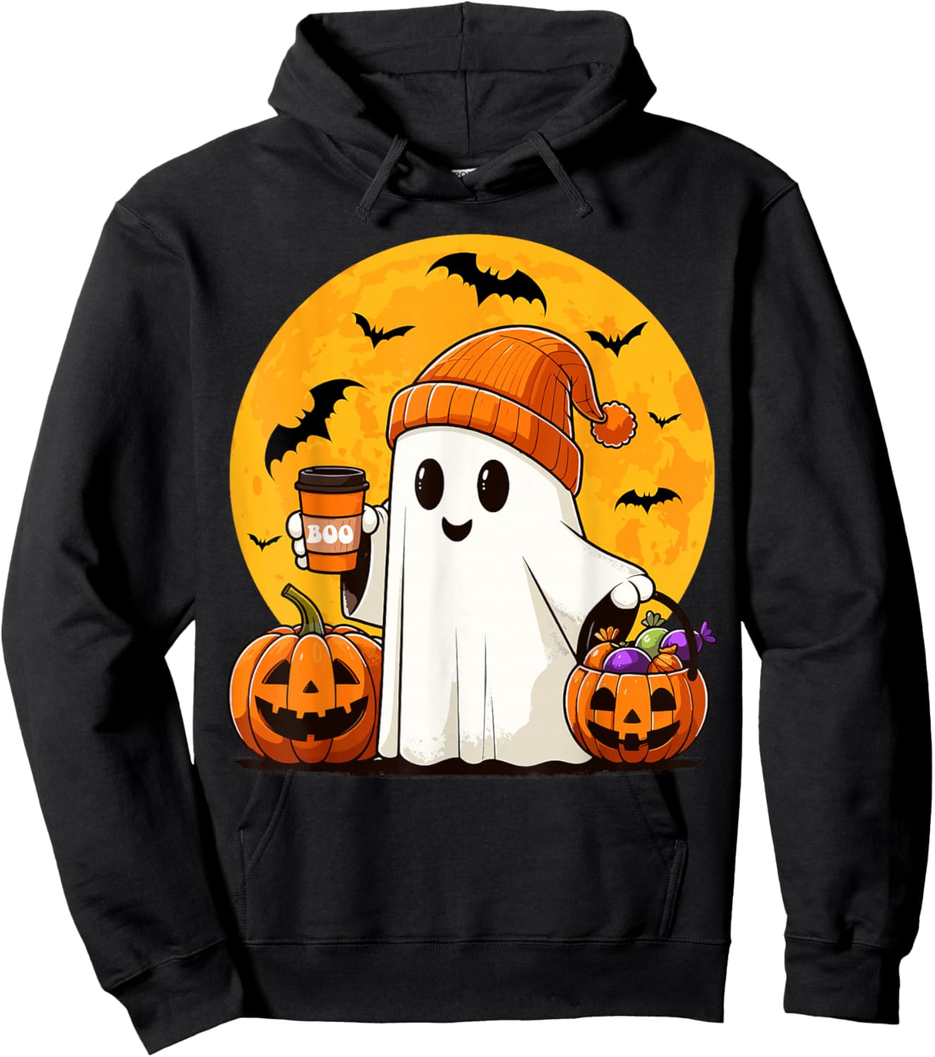 Cute Ghost Drinking Coffee Pumpkin Boo Funny Halloween Ghost Hoodie - Hoodie | Black