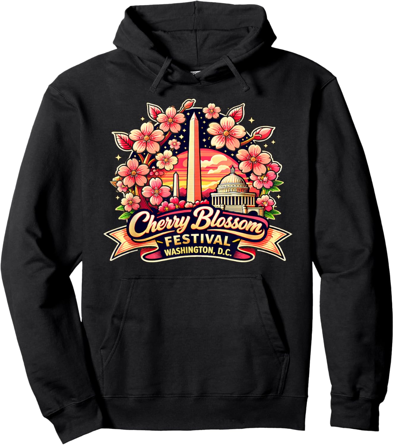 Cherry Blossom Festival Washington DC Monument Floral Hoodie - Hoodie | Black
