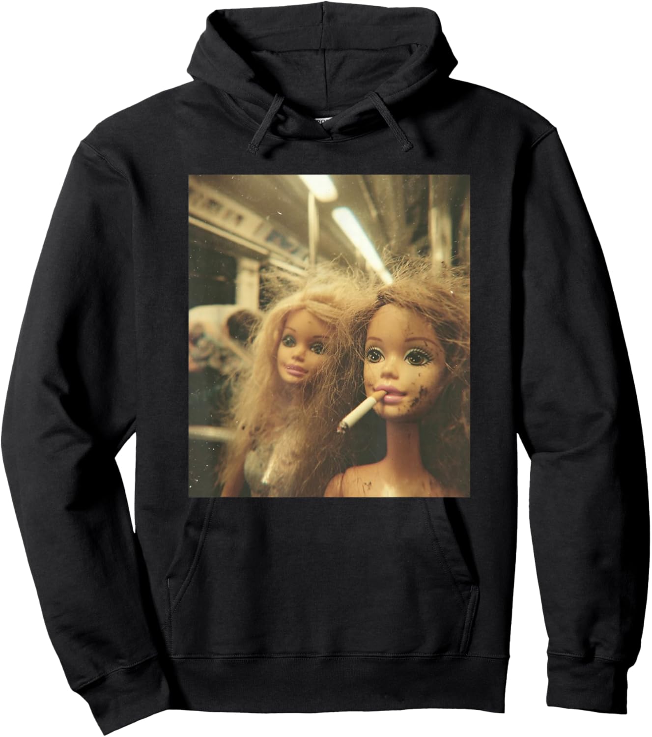 Retro Funny Distressed Doll Smoking Meme Sarcastic Graphic Hoodie - Hoodie | Black