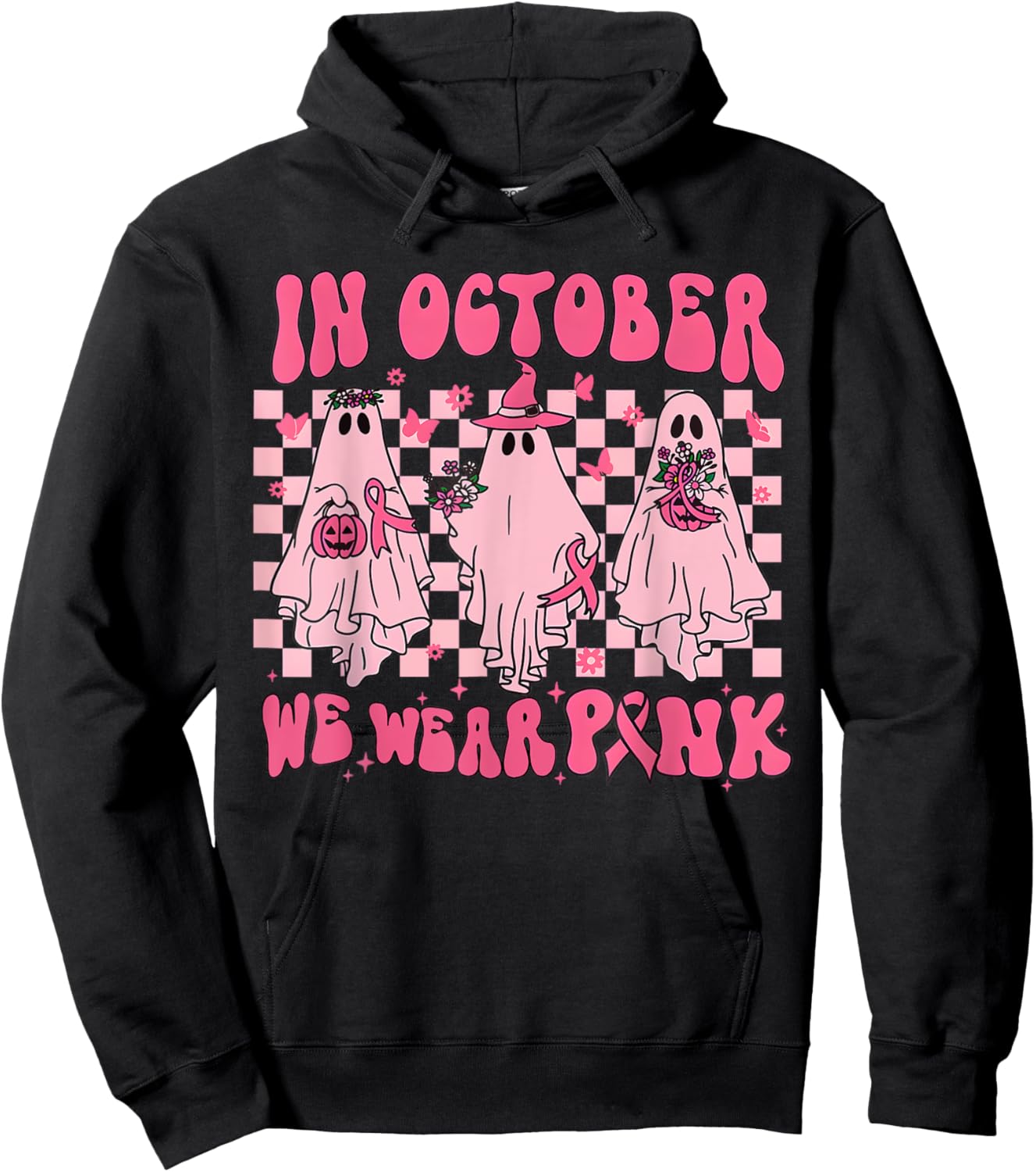 In October We Wear Pink Ghost Groovy Breast Cancer Halloween Hoodie - Hoodie | Black