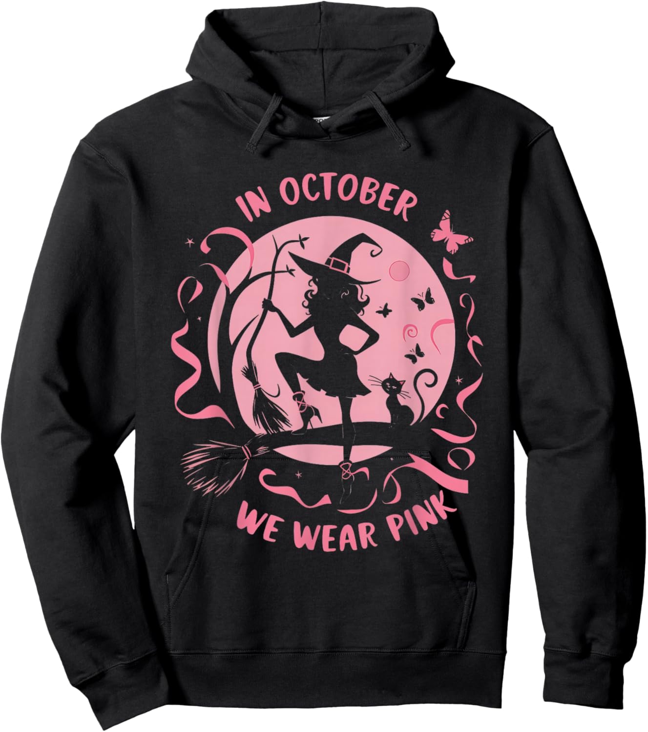 In October We Wear Pink Witch Halloween Breast Cancer Women Hoodie - Hoodie | Black