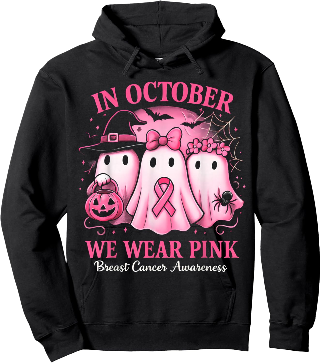 in October We Wear Pink Ghost Halloween Women Breast Cancer Hoodie - Hoodie | Black