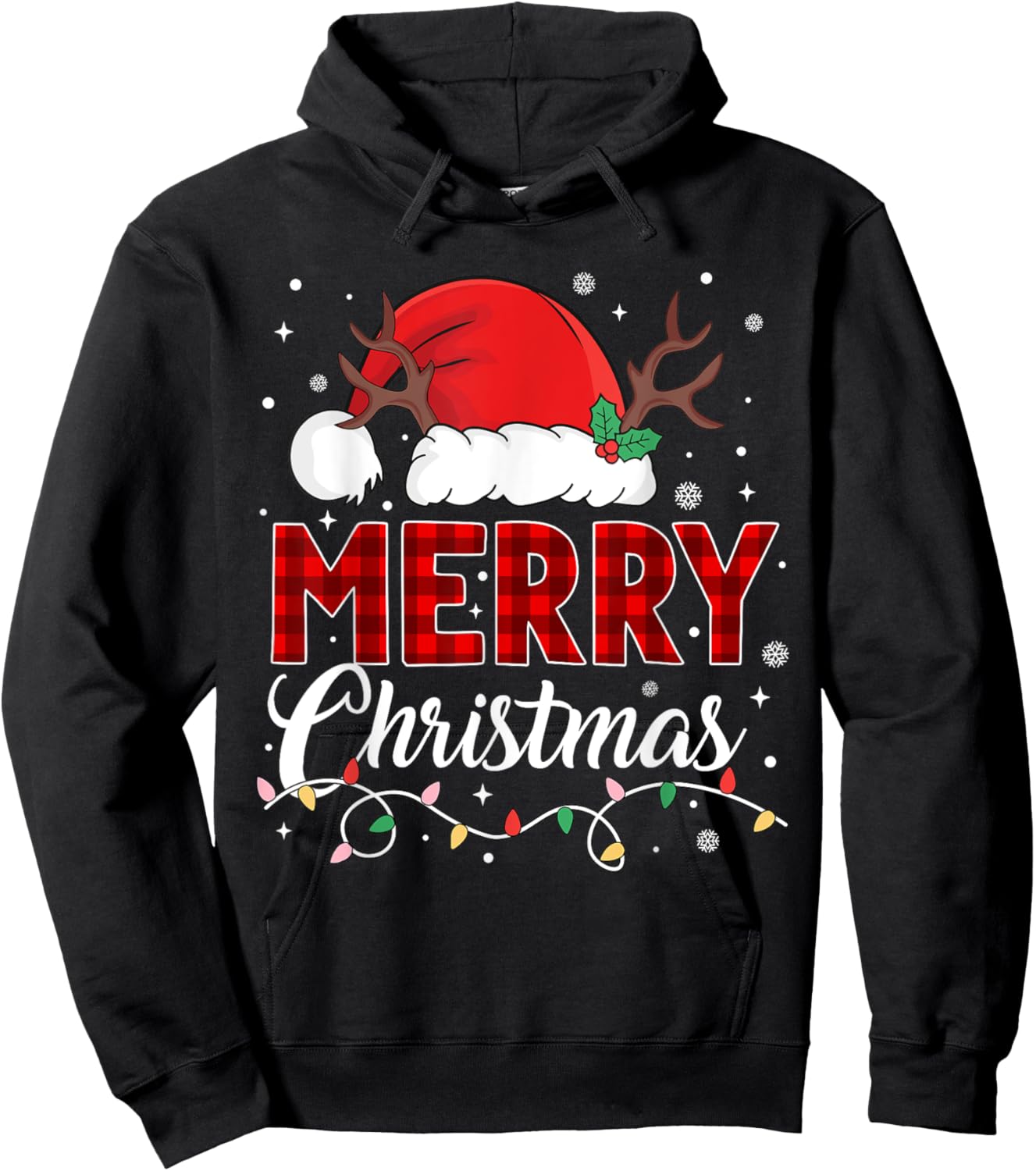Merry Christmas Lights Red Santa Hat Xmas Family Men Women Hoodie - Hoodie | Black