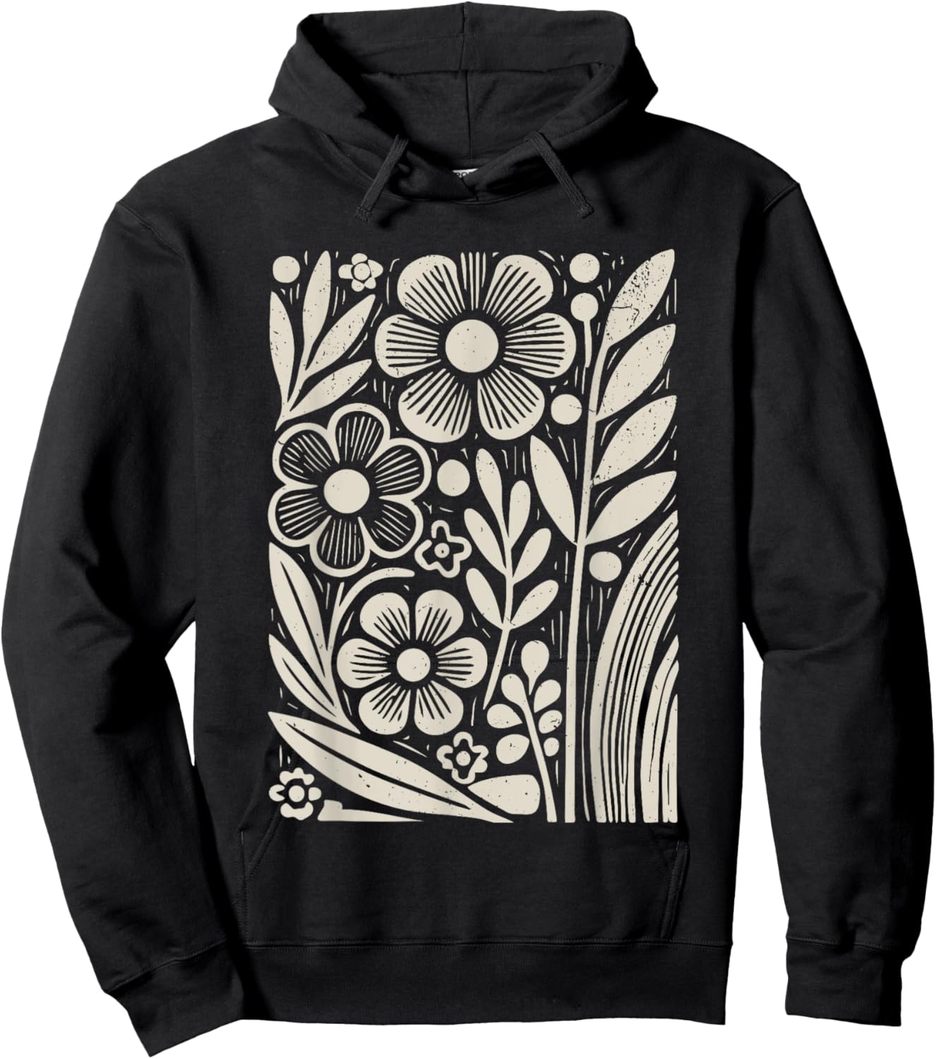 Botanical Floral Line Art Minimalist Nature Linocut Print Hoodie - Hoodie | Black