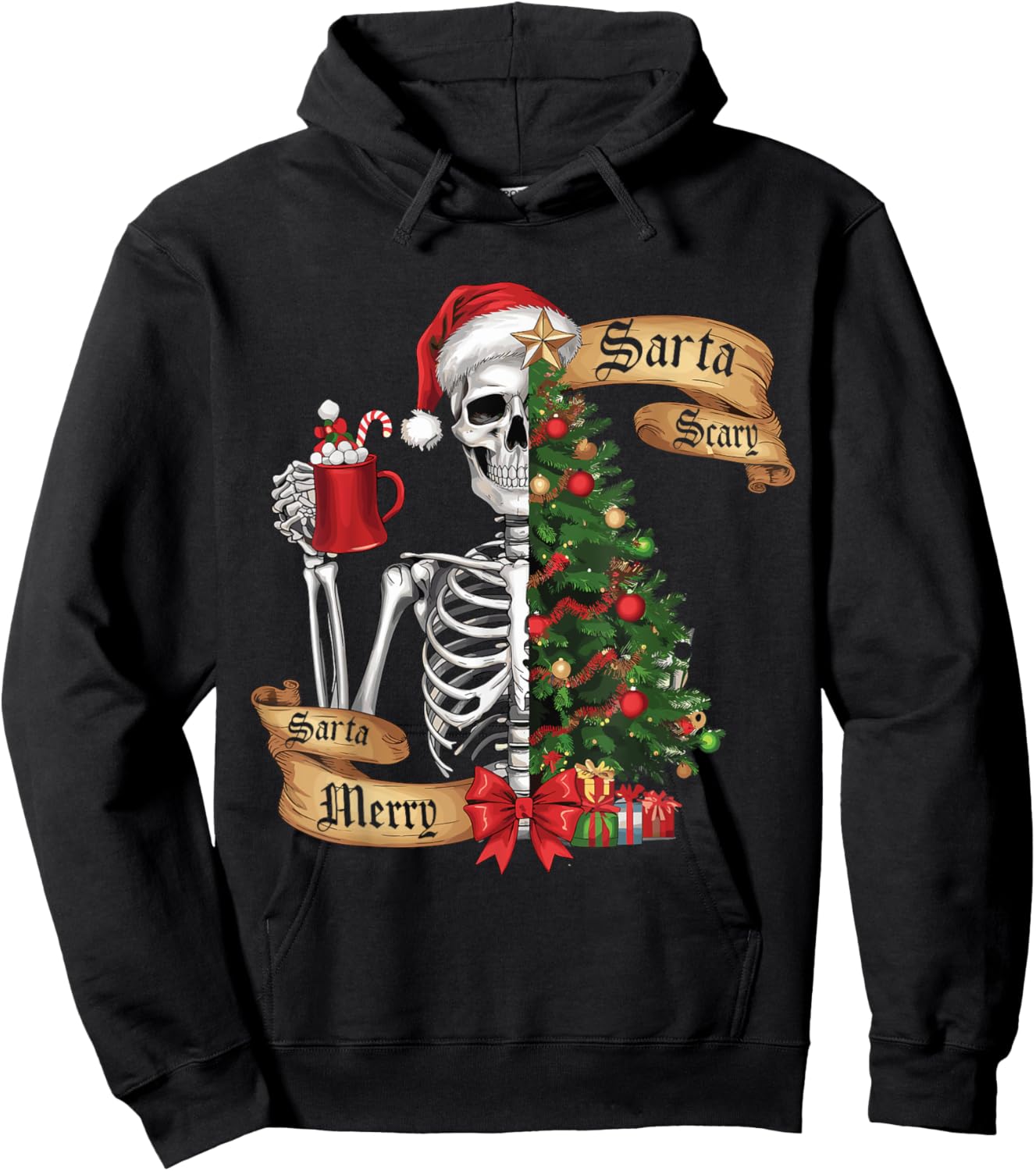 Sorta Merry Sorta Scary Funny Christmas Skeleton Tree Xmas Hoodie - Hoodie | Black