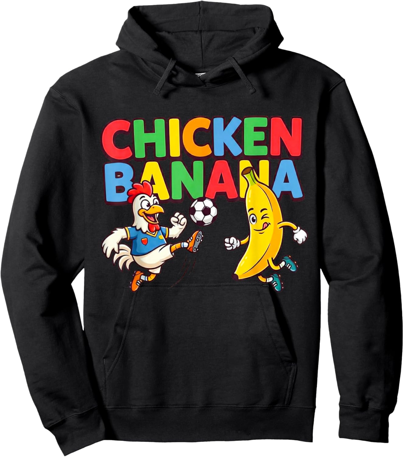 Funny Cartoon Chicken Banana Football Graphic Hoodie - Hoodie | Black