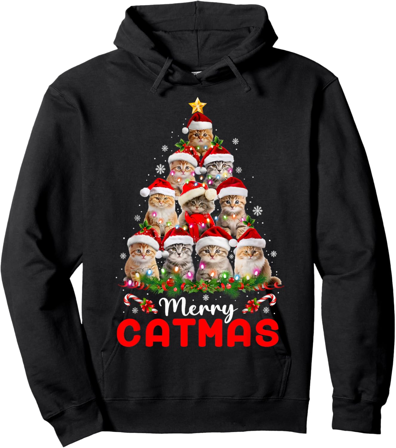 Meowy Catmas Cat Christmas Tree Lights Funny Xmas Pajamas Hoodie - Hoodie | Black