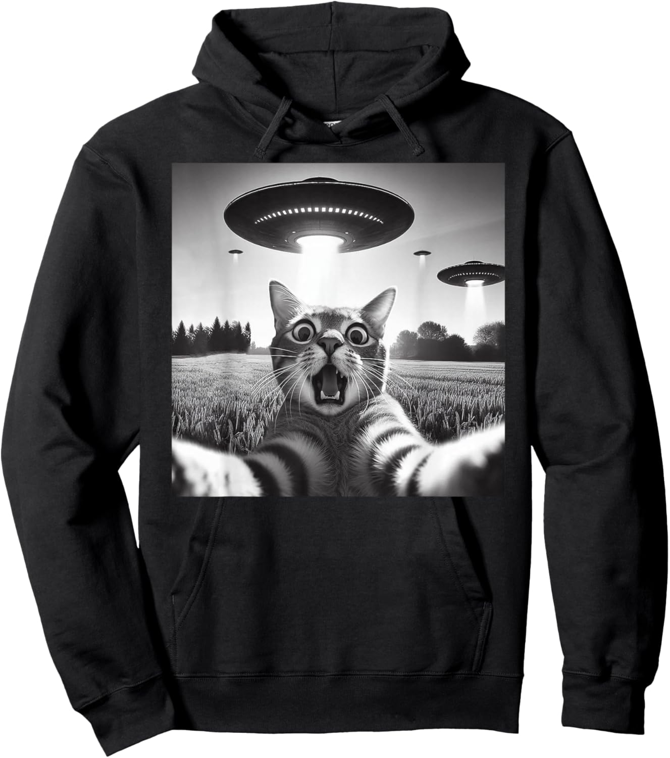 Cat Selfie With UFO Hilarious Alien Encounter Hoodie - Hoodie | Black