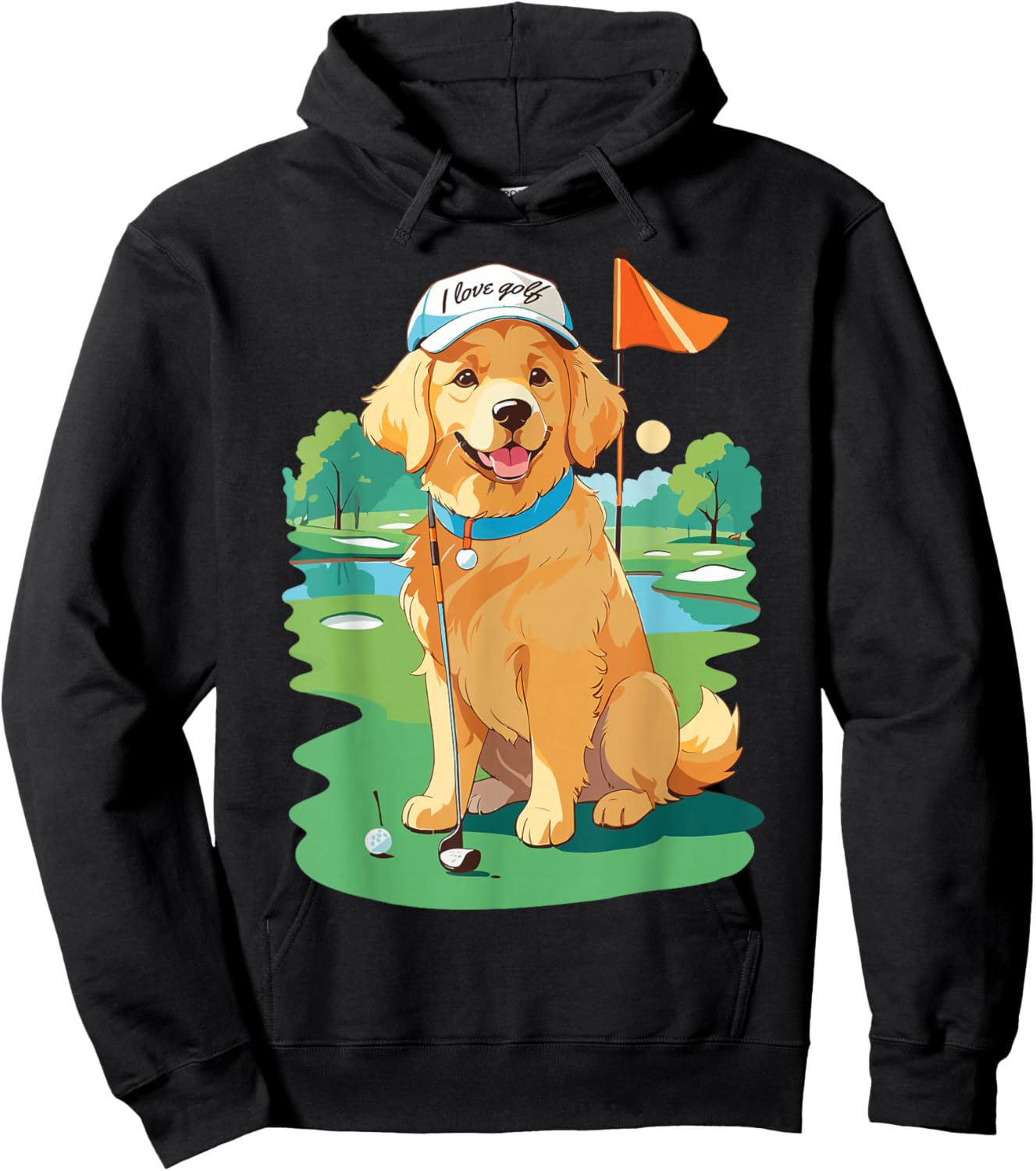 I Love Golf Golf Dog Illustration Golden Retriever Hoodie - Hoodie | Black