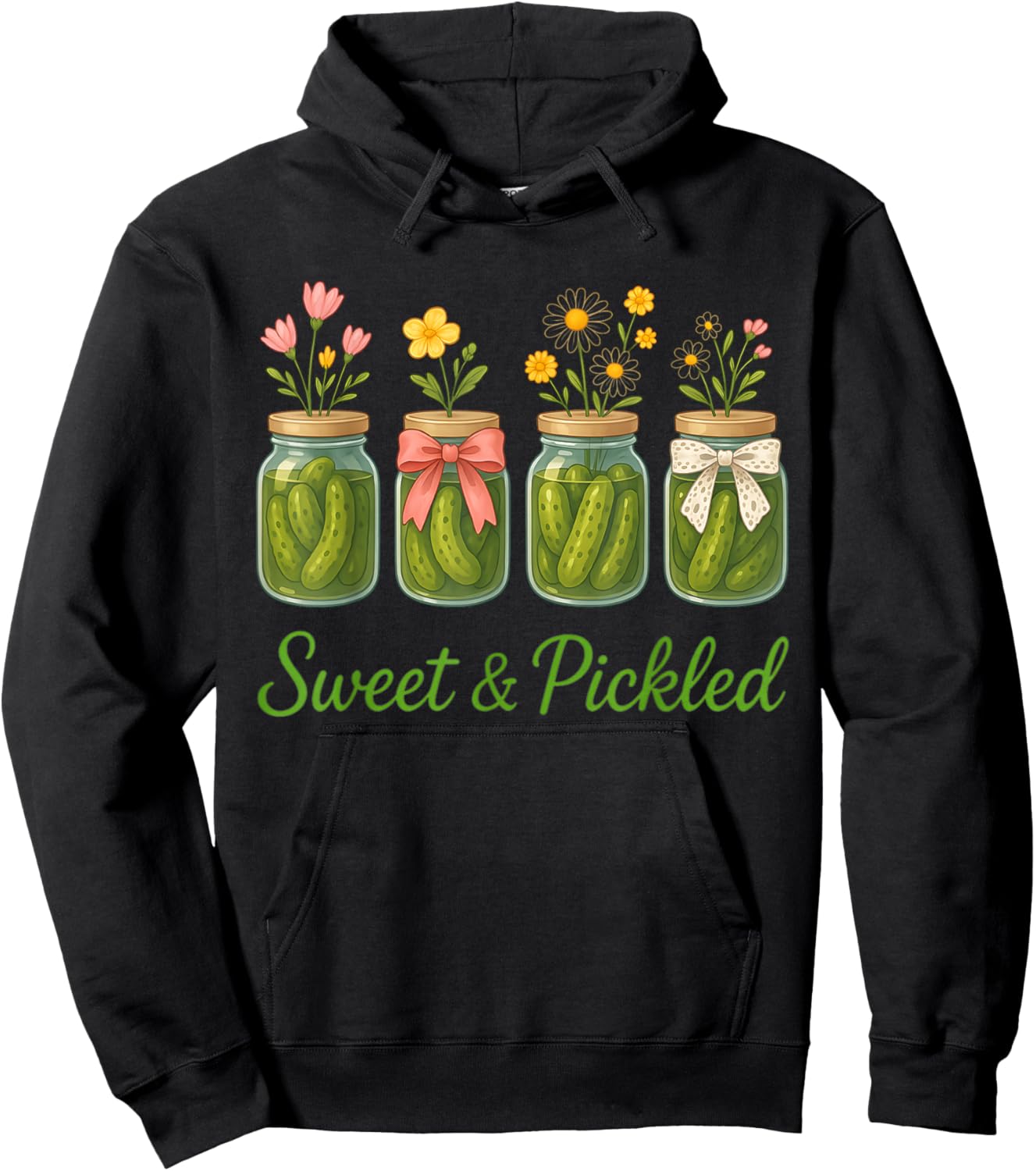 Vintage Canned Jar Pickles Wildflower Coquette Bow Women Hoodie - Hoodie | Black