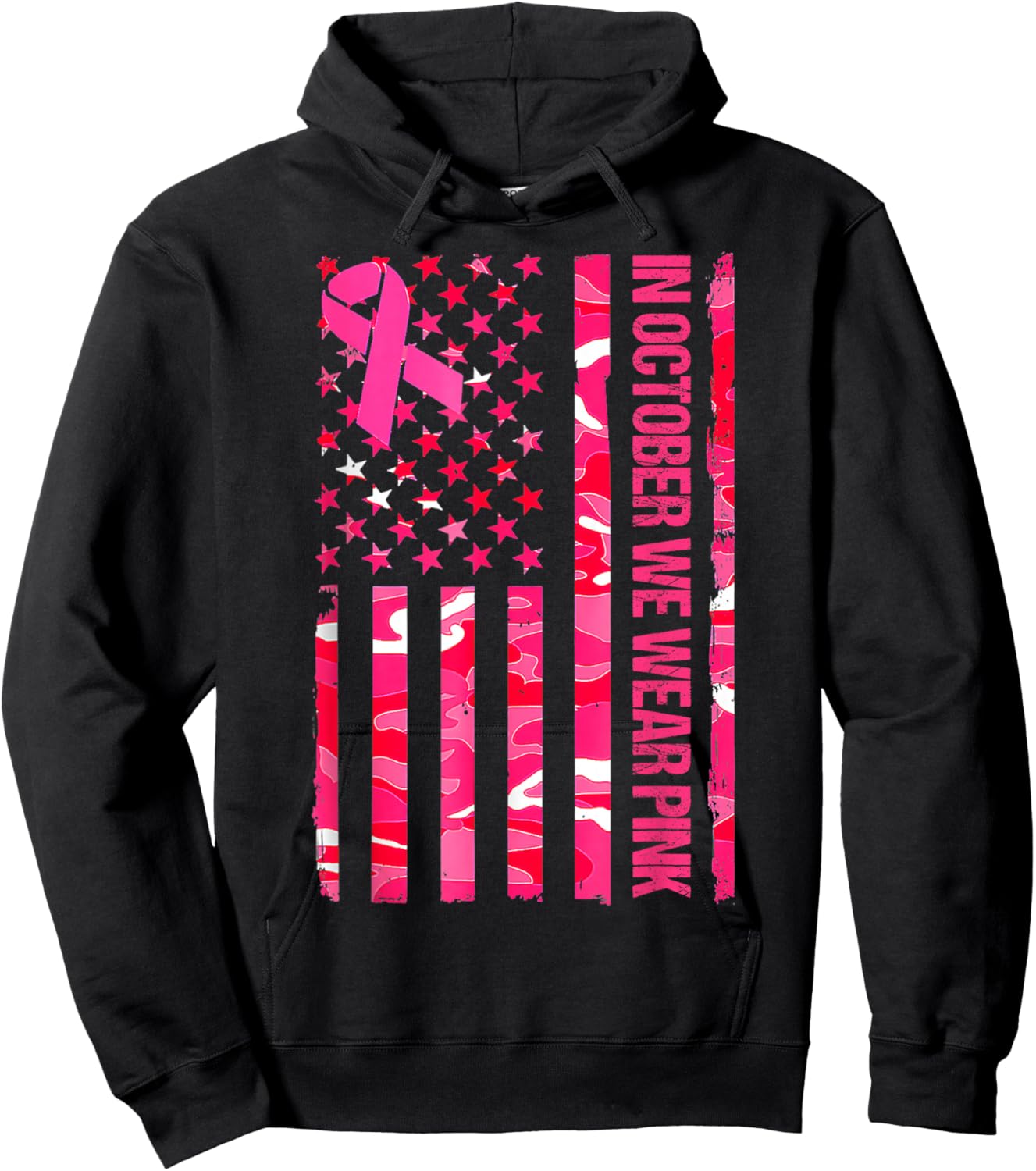 In October We Wear Pink Camo US Flag Breast Cancer Awareness Hoodie - Hoodie | Black