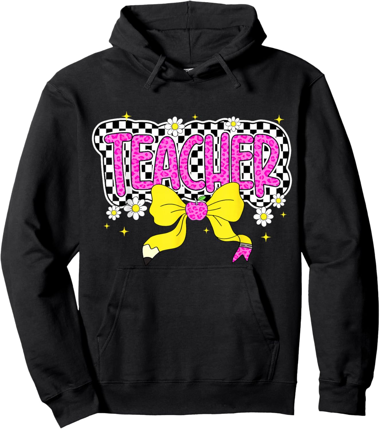 Retro Checkered Pink Bow Teacher Back To School Hoodie - Hoodie | Black