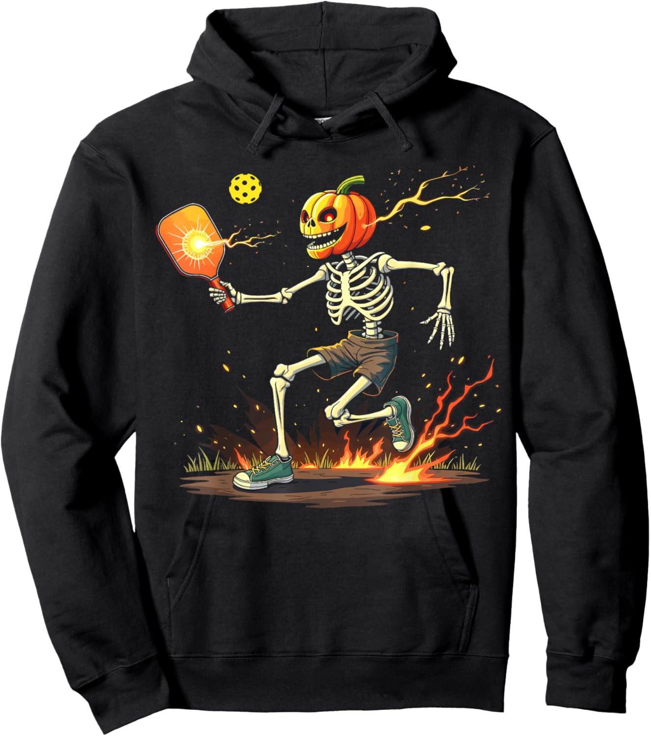Pumpkin Head Skeleton Pickleball Halloween Spooky Sports Hoodie - Hoodie | Black