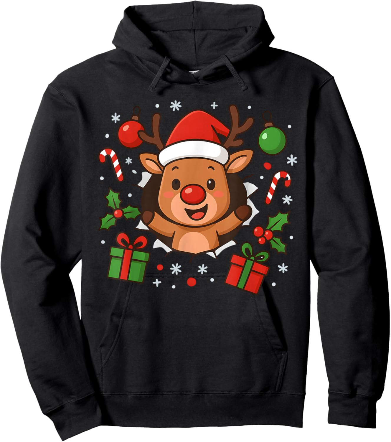 Funny Reindeer Christmas Cute Winter Holiday Cartoon Art Hoodie - Hoodie | Black