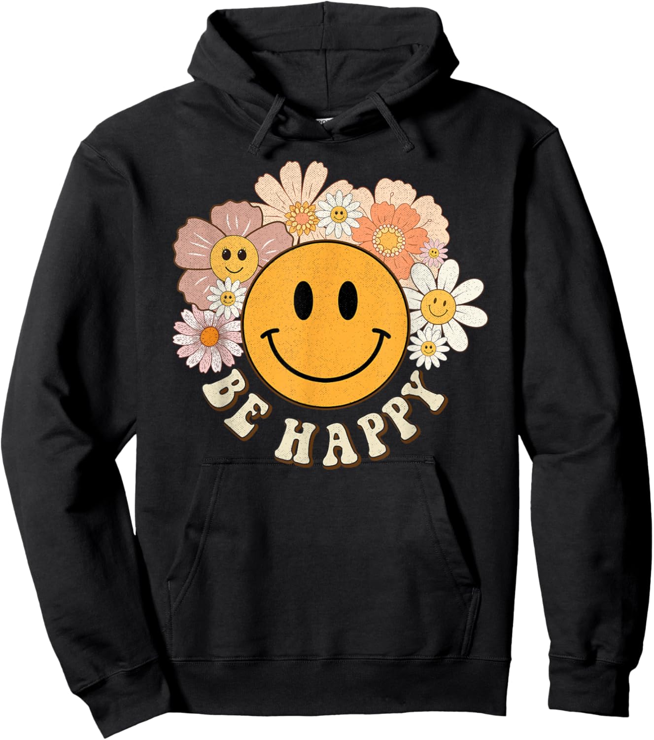 Retro Groovy Be Happy Smile Face Cute Hippie Flowers 70s Hoodie - Hoodie | Black