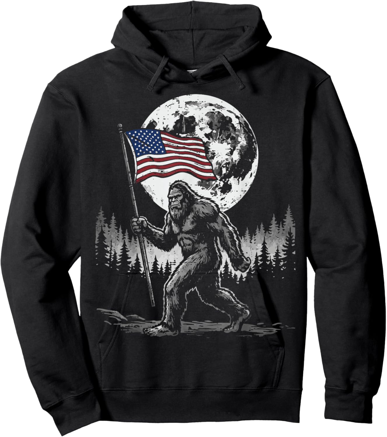 4th of July Bigfoot USA Flag Moon Sasquatch Men Women Kids Hoodie - Hoodie | Black