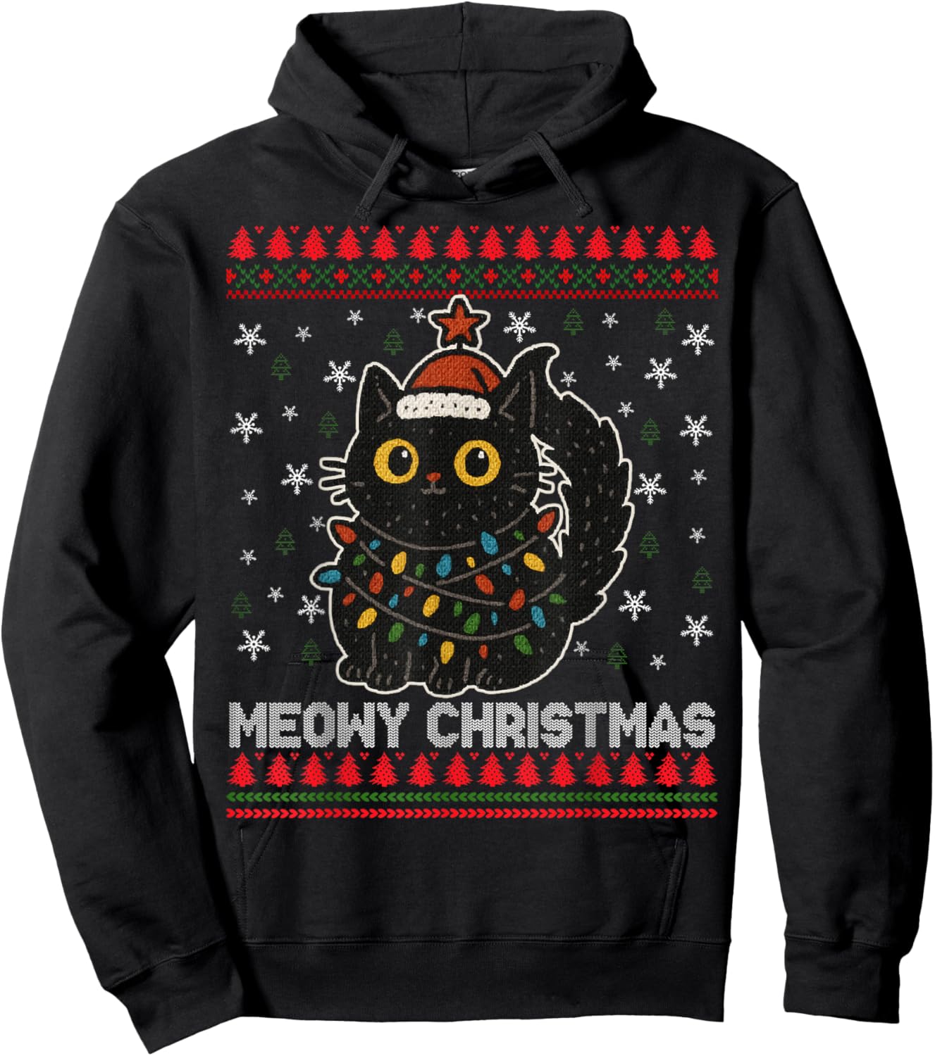 Meowy Christmas Ugly Christmas Sweater Black Cat Xmas Light Hoodie - Hoodie | Black