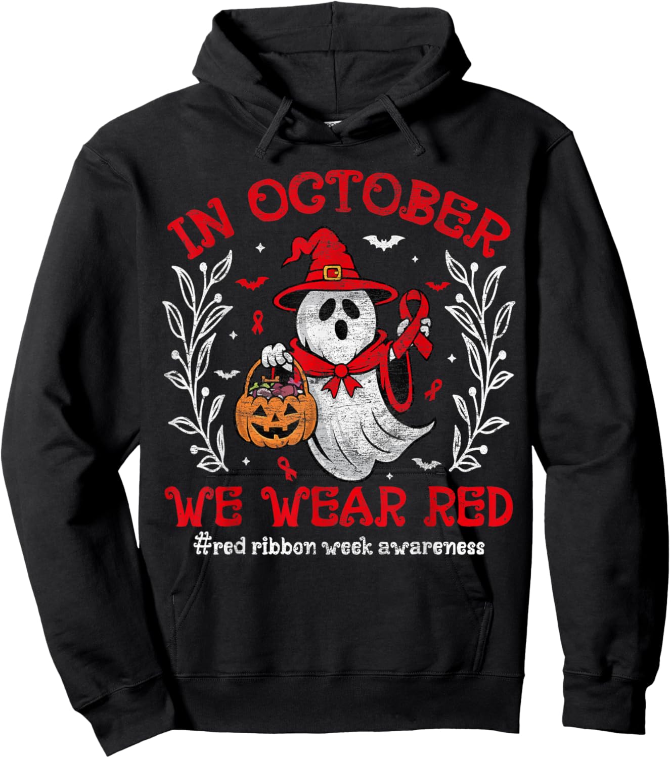 In October We Wear Red For Red Ribbon Week Awareness Ghost Hoodie - Hoodie | Black