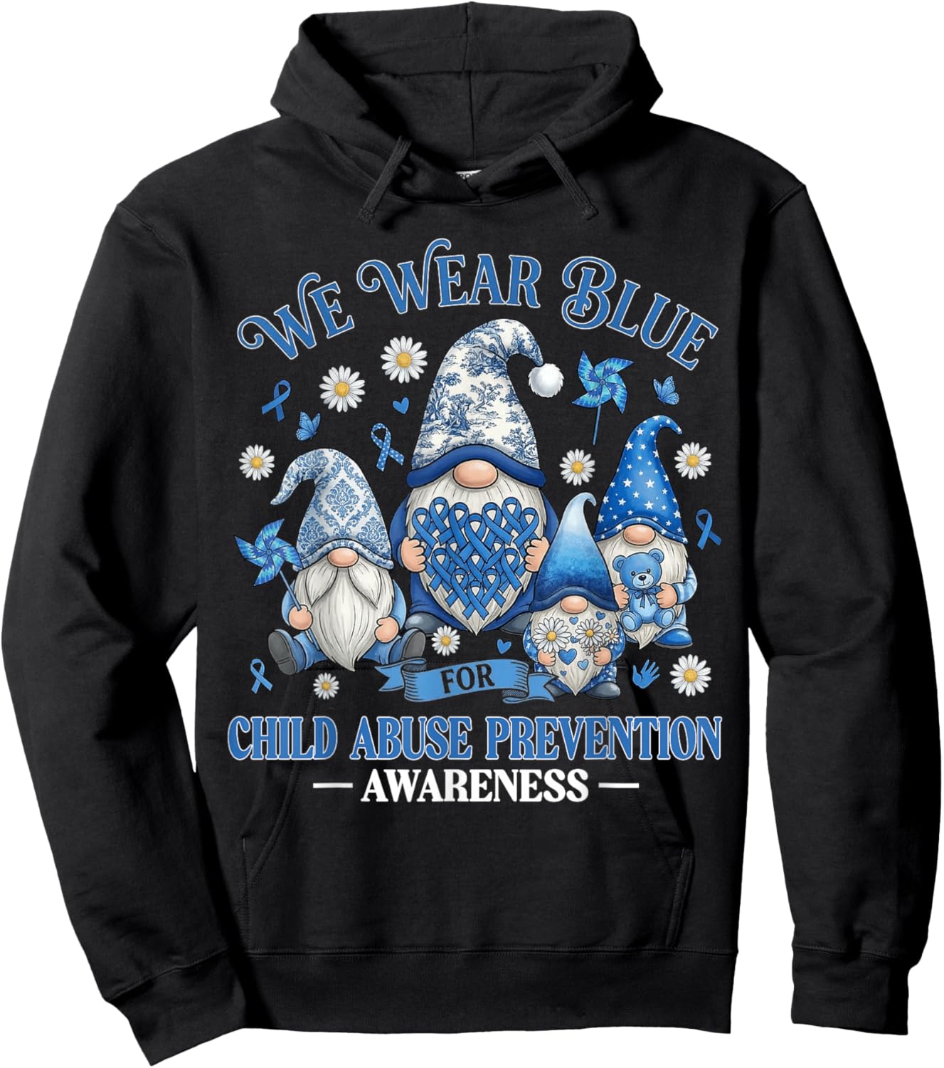 We Wear Blue Ribbon Child Abuse Prevention Awareness Gnomes Hoodie - Hoodie | Black