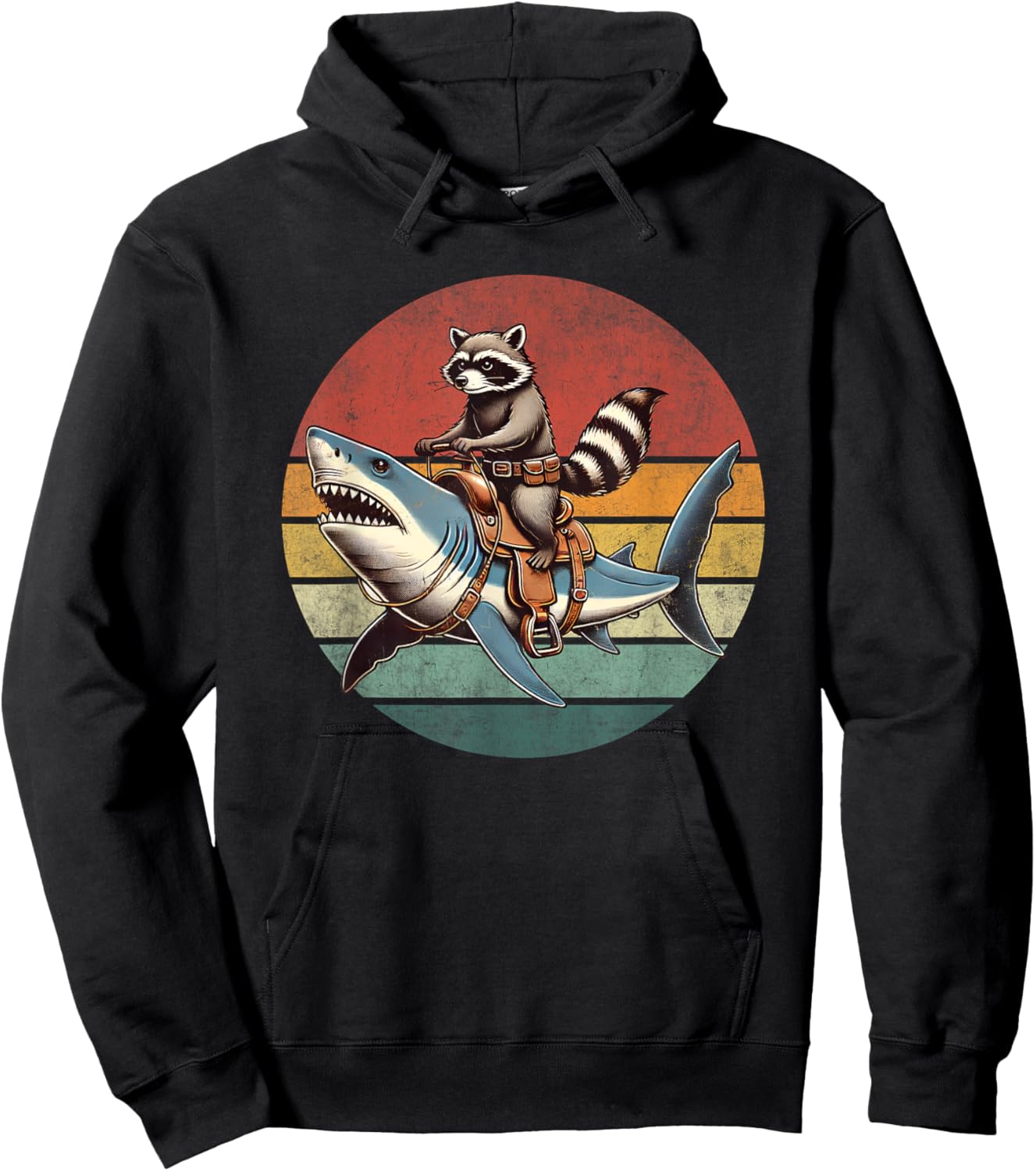 Vintage Raccoon Shark Rider Funny Retro Raccoon Riding Shark Hoodie - Hoodie | Black