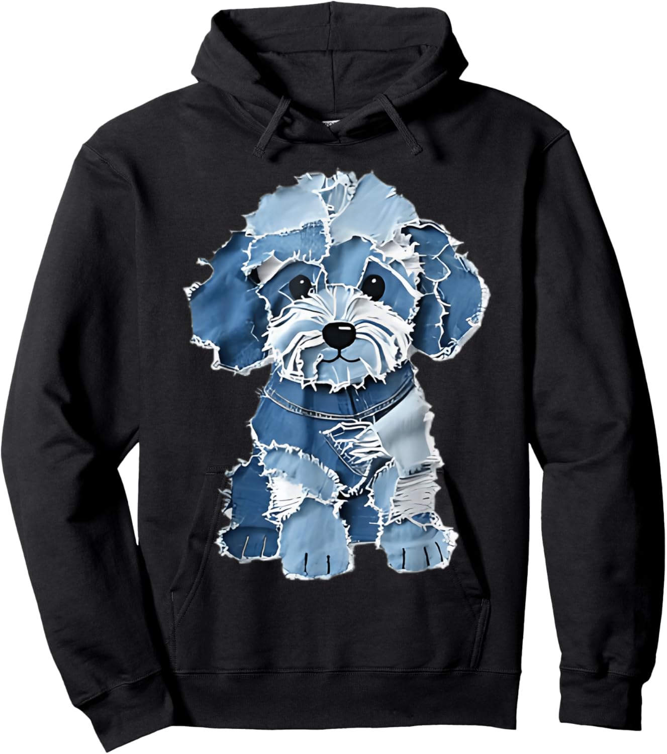 Cute Denim Patchwork Puppy Dog Art Hoodie - Hoodie | Black