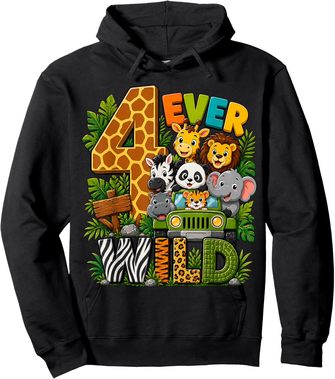 Kids Four Ever Wild 4th Birthday Safari Jungle Animal Party Hoodie - Hoodie | Black
