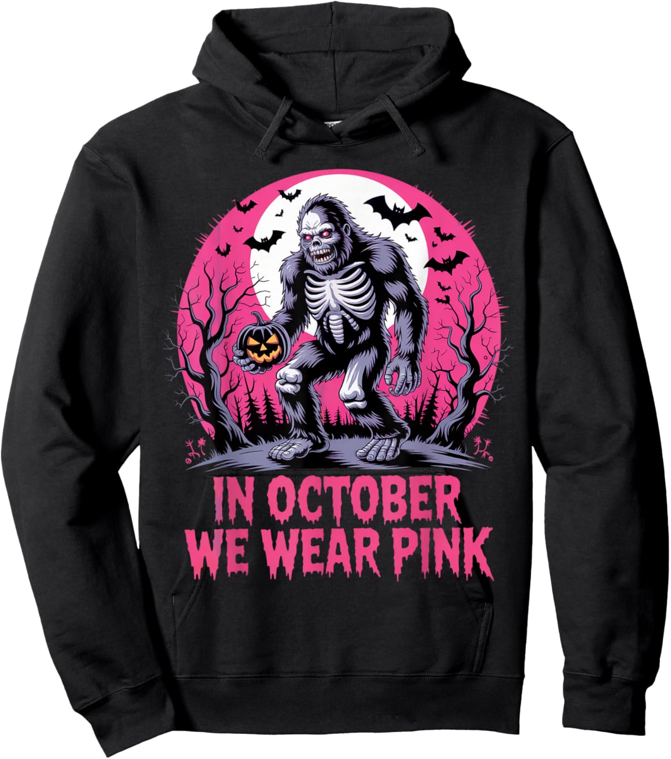 in October We Wear Pink Bigfoot Breast Cancer Awareness Hoodie - Hoodie | Black