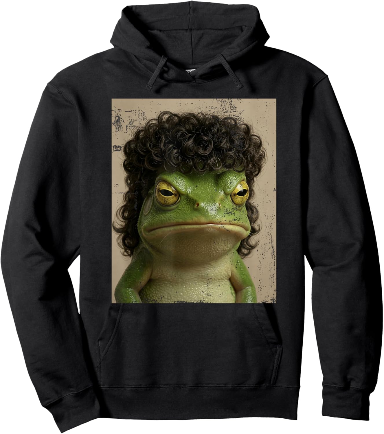 Funny Frog with Curly Perm 80s Hairstyle Irony Aesthetic Hoodie - Hoodie | Black