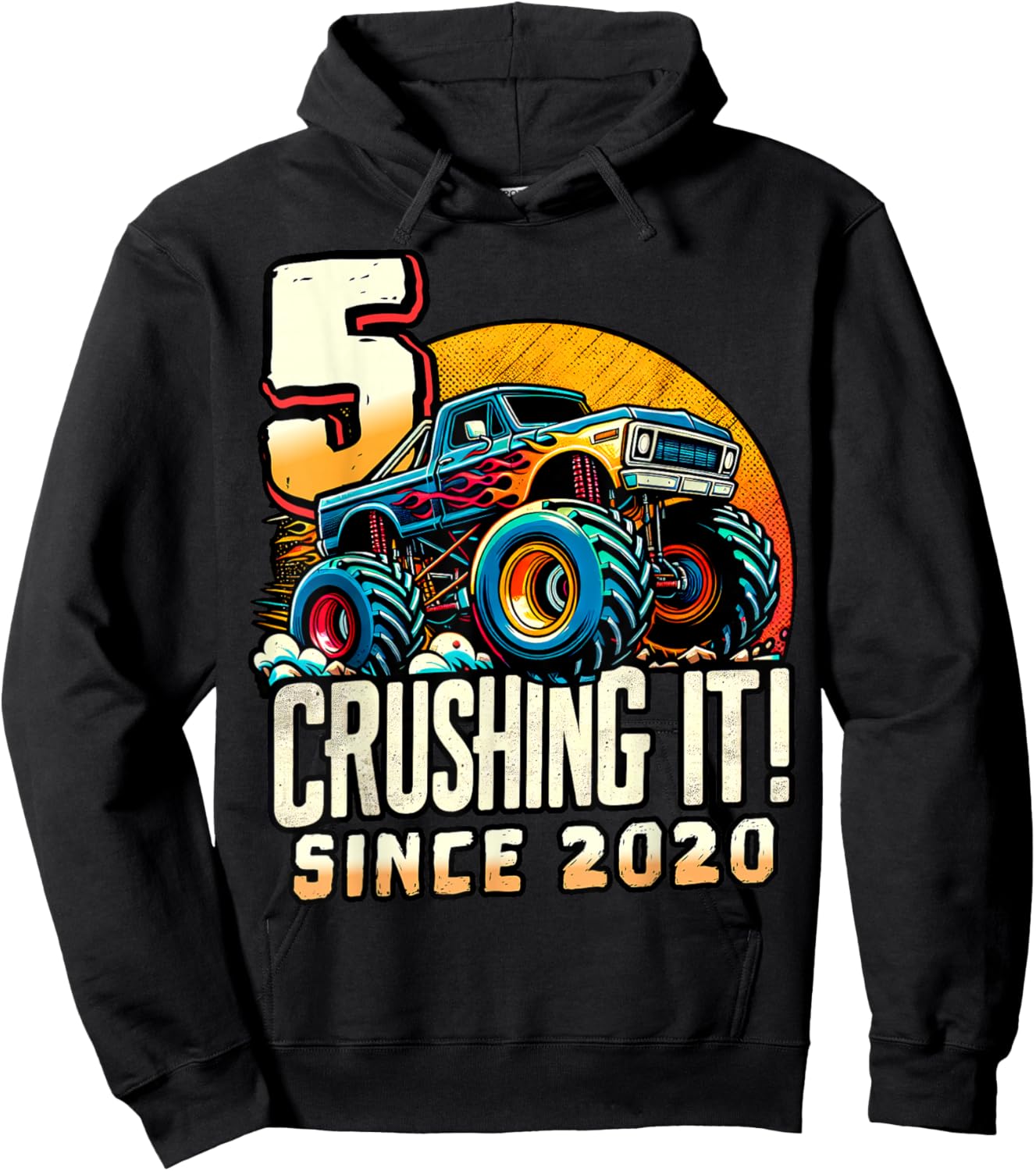 Birthday Monster Truck 5 year Old Boys 5th Party Born 2020 Hoodie - Hoodie | Black