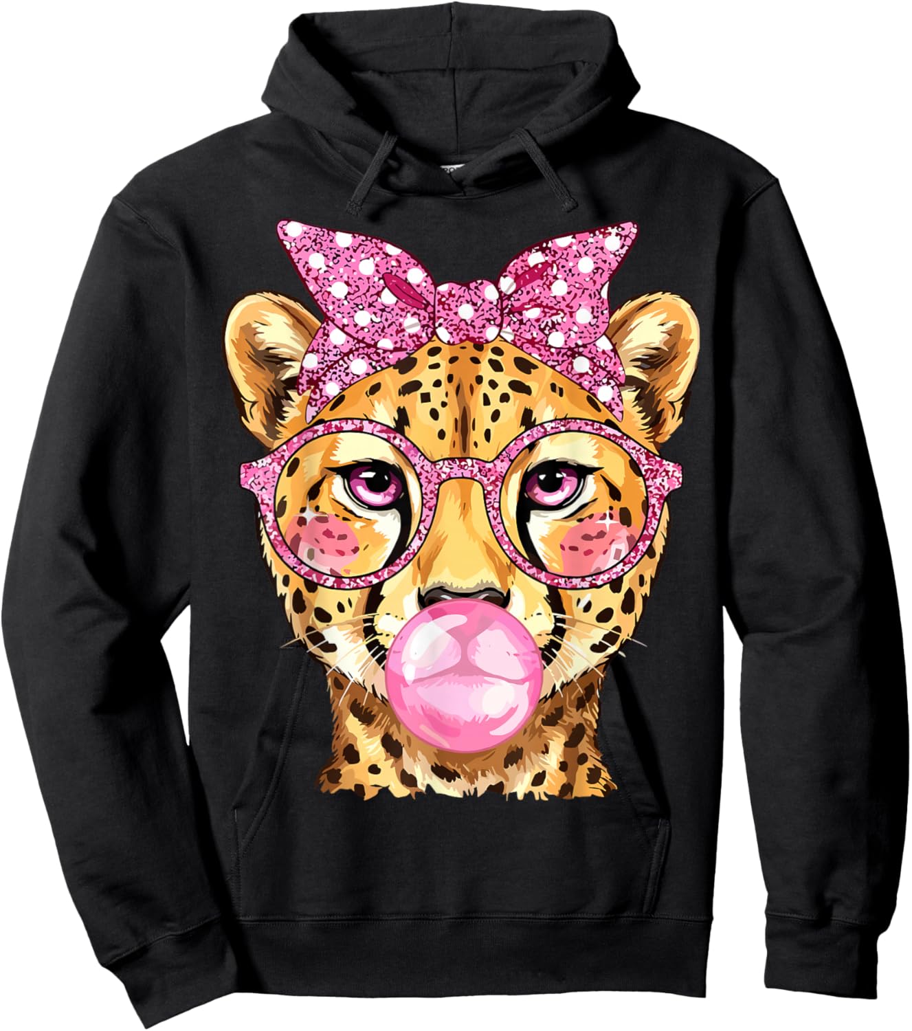 Cheetah with Glasses Bubblegum and Pink Bow Hoodie - Hoodie | Black