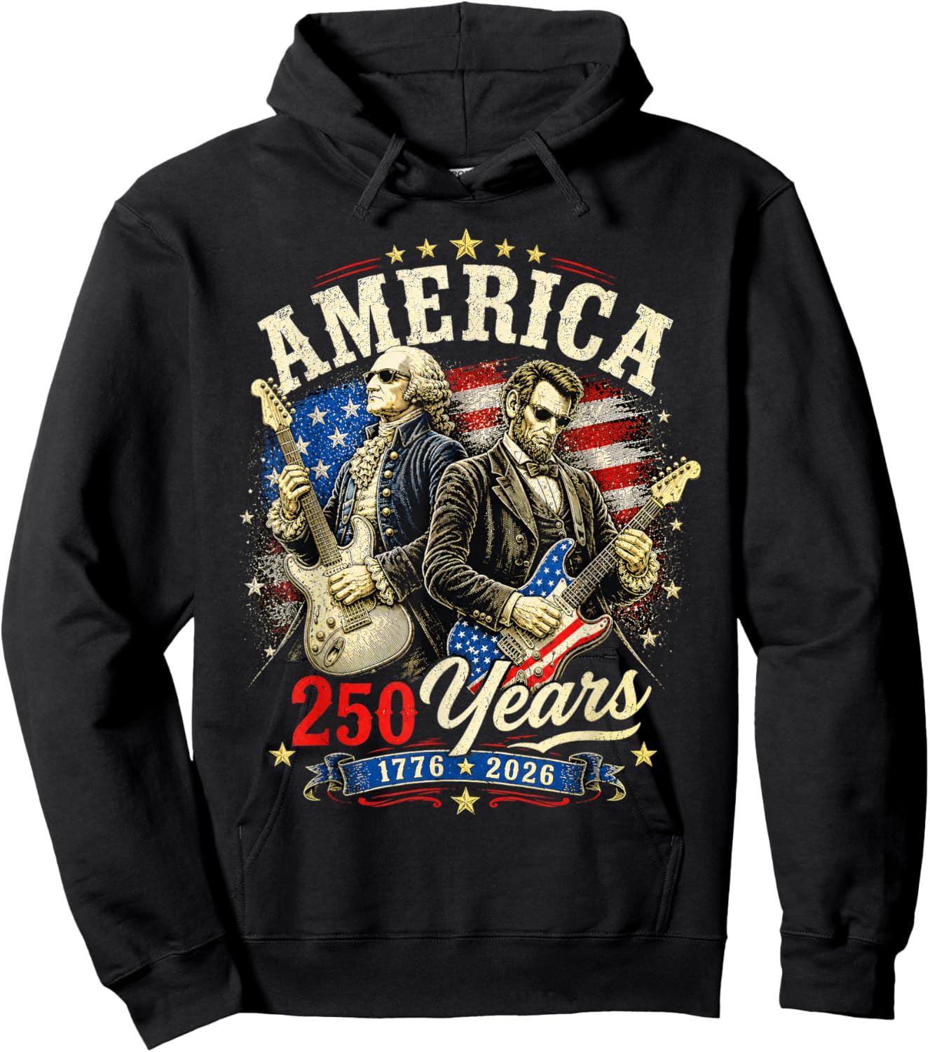 George Washington Lincoln Playing Guitar, 250th Anniversary Hoodie - Hoodie | Black
