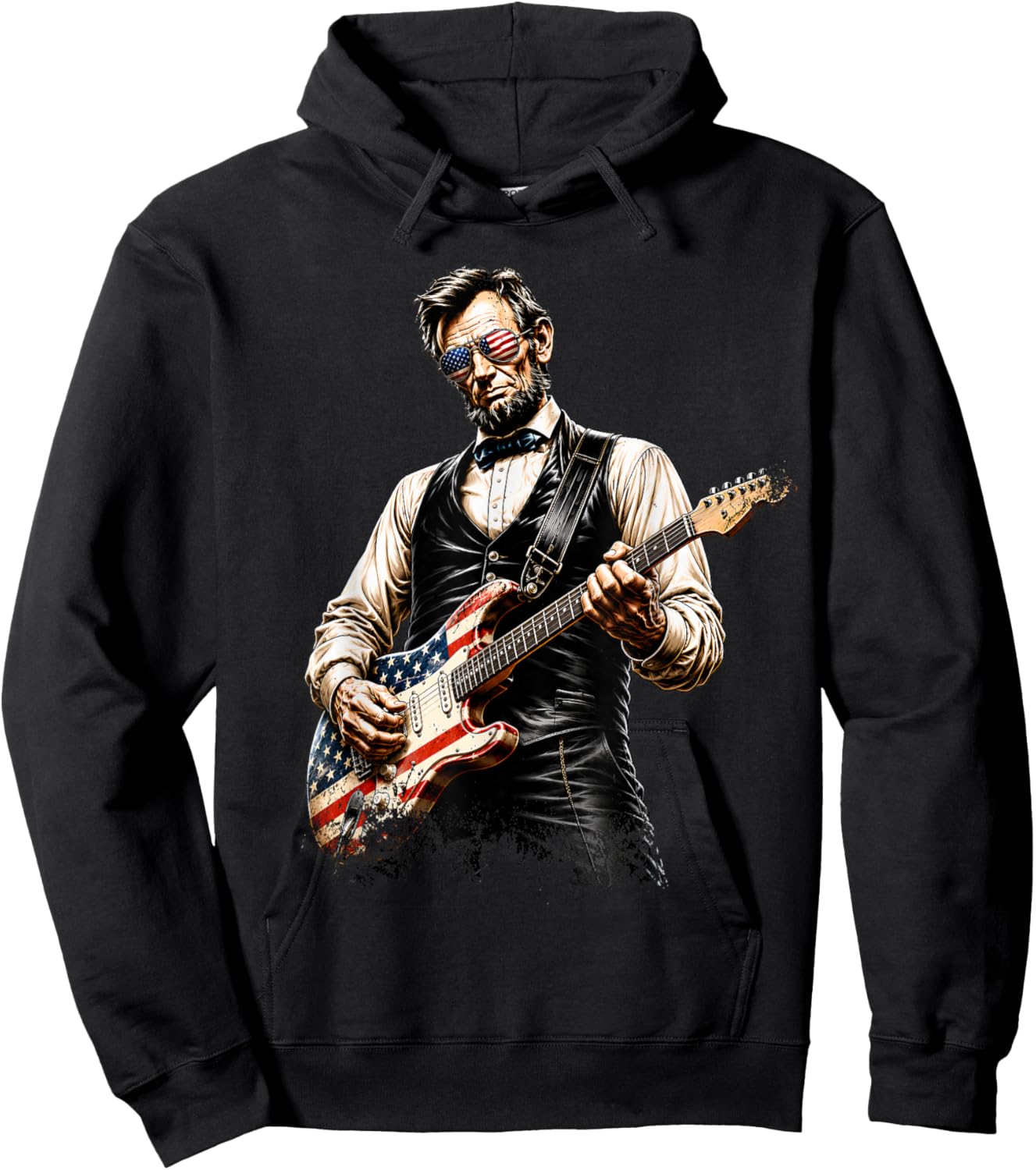 Abraham Lincoln Playing Guitar Rock and Roll American Flag Hoodie - Hoodie | Black