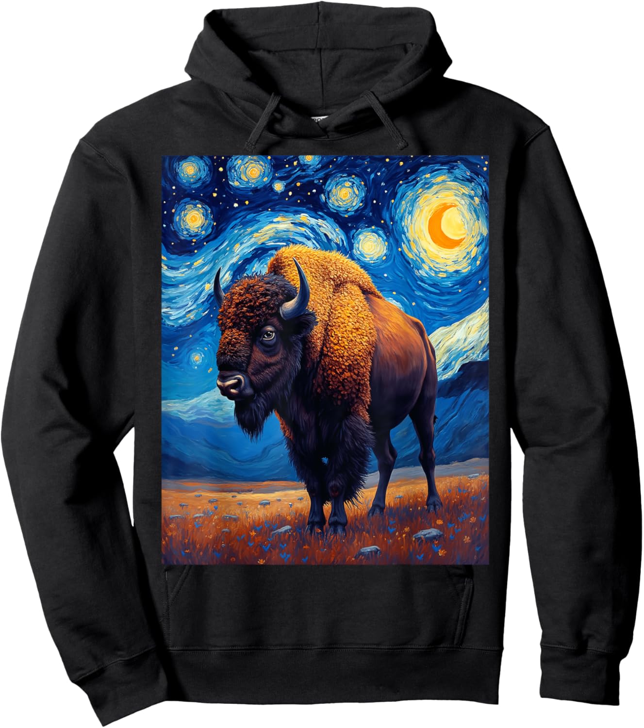 Van Gogh's Starry Night Bison American Buffalo Animal Lovers Hoodie - Hoodie | Black