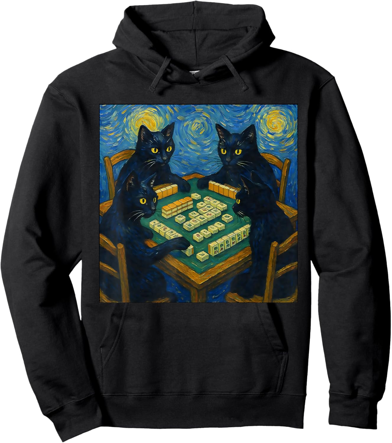 Mahjong cat Lover Van Gogh Starry Night Hoodie - Hoodie | Black