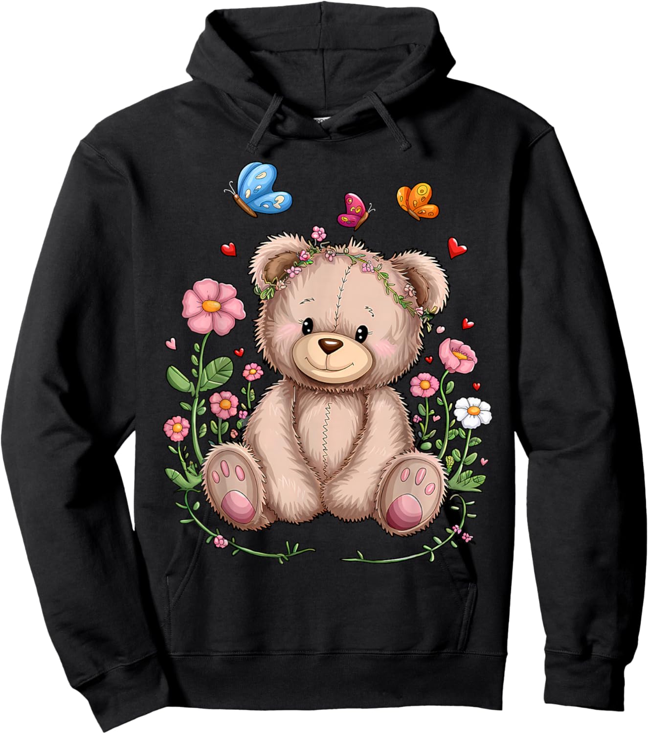 Cute Teddy Bear With Flowers I Kids Teddy Hoodie - Hoodie | Black