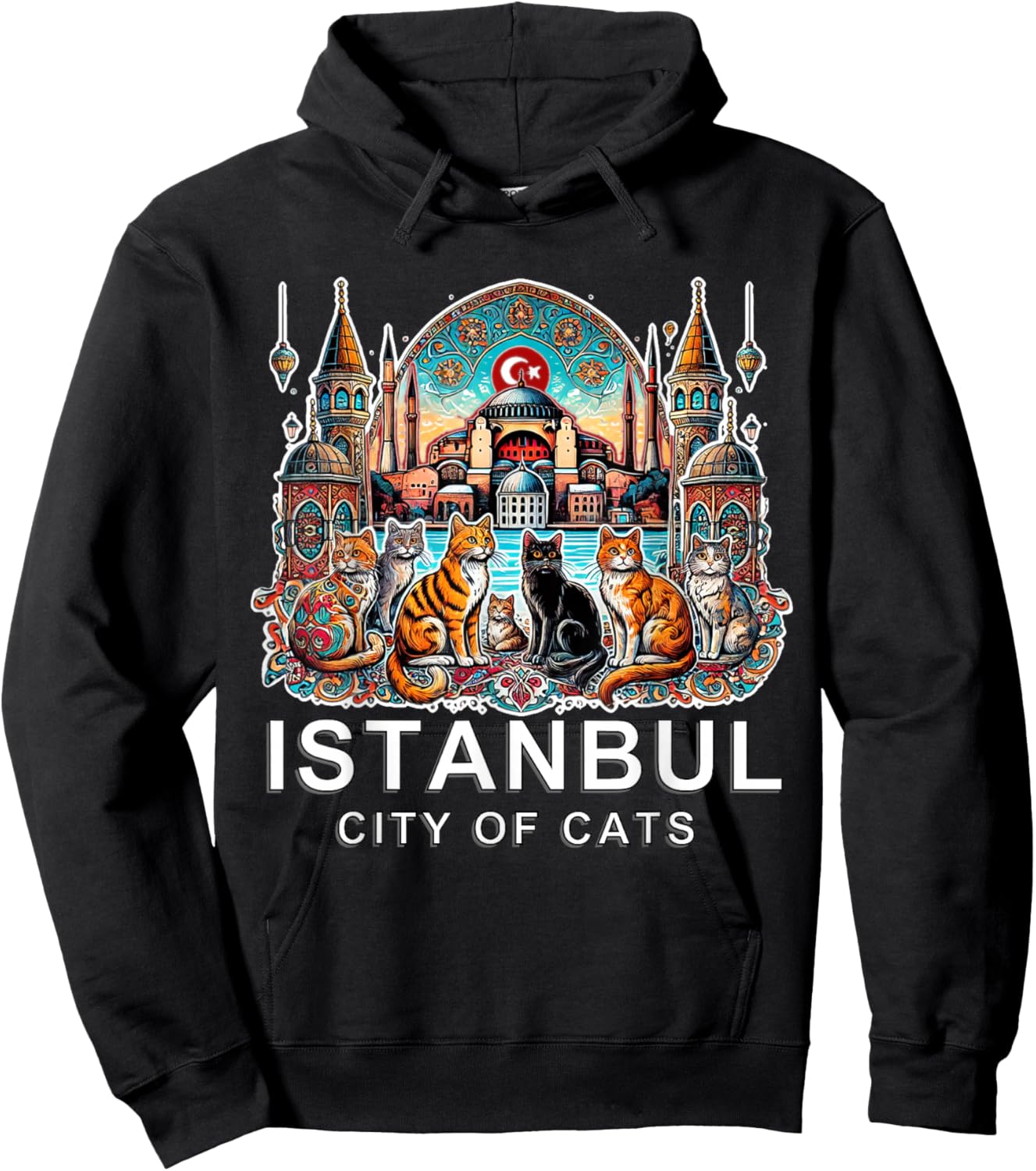 Travel to Istanbul - City of Cats, Turkey, White Font Ed Hoodie - Hoodie | Black