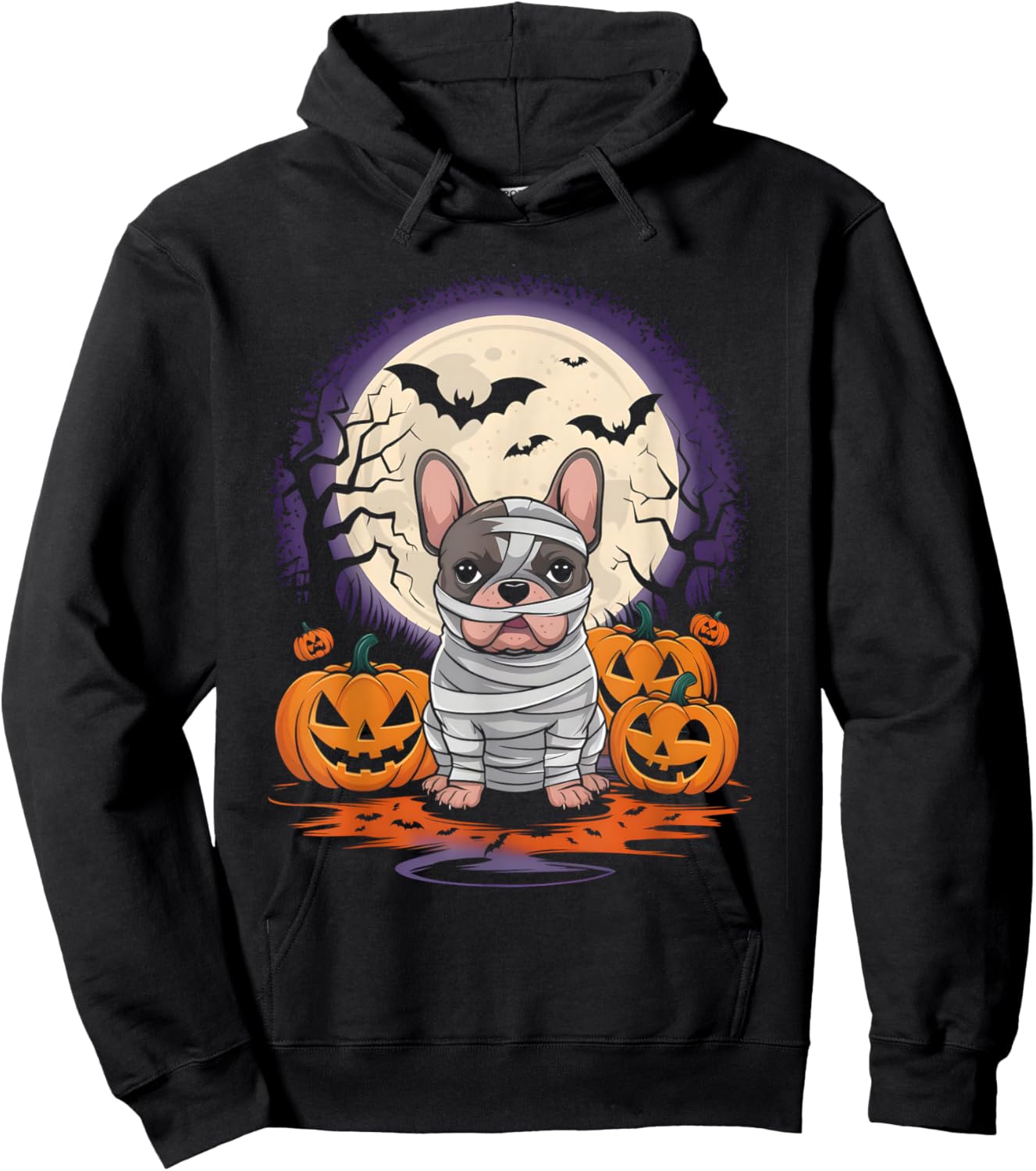 Spooky French Bulldog Mummy Full Moon - Halloween Dog Hoodie - Hoodie | Black