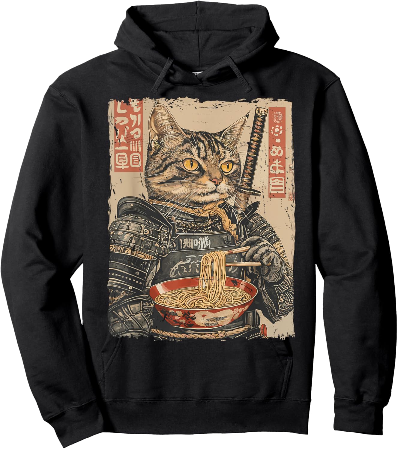 Samurai Cat Loves Ramen Funny Anime Japanese Artwork Samurai Hoodie - Hoodie | Black