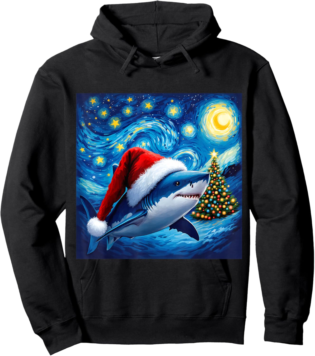 Christmas Shark Santa Hat Van Gogh Starry Night Holiday Hoodie - Hoodie | Black