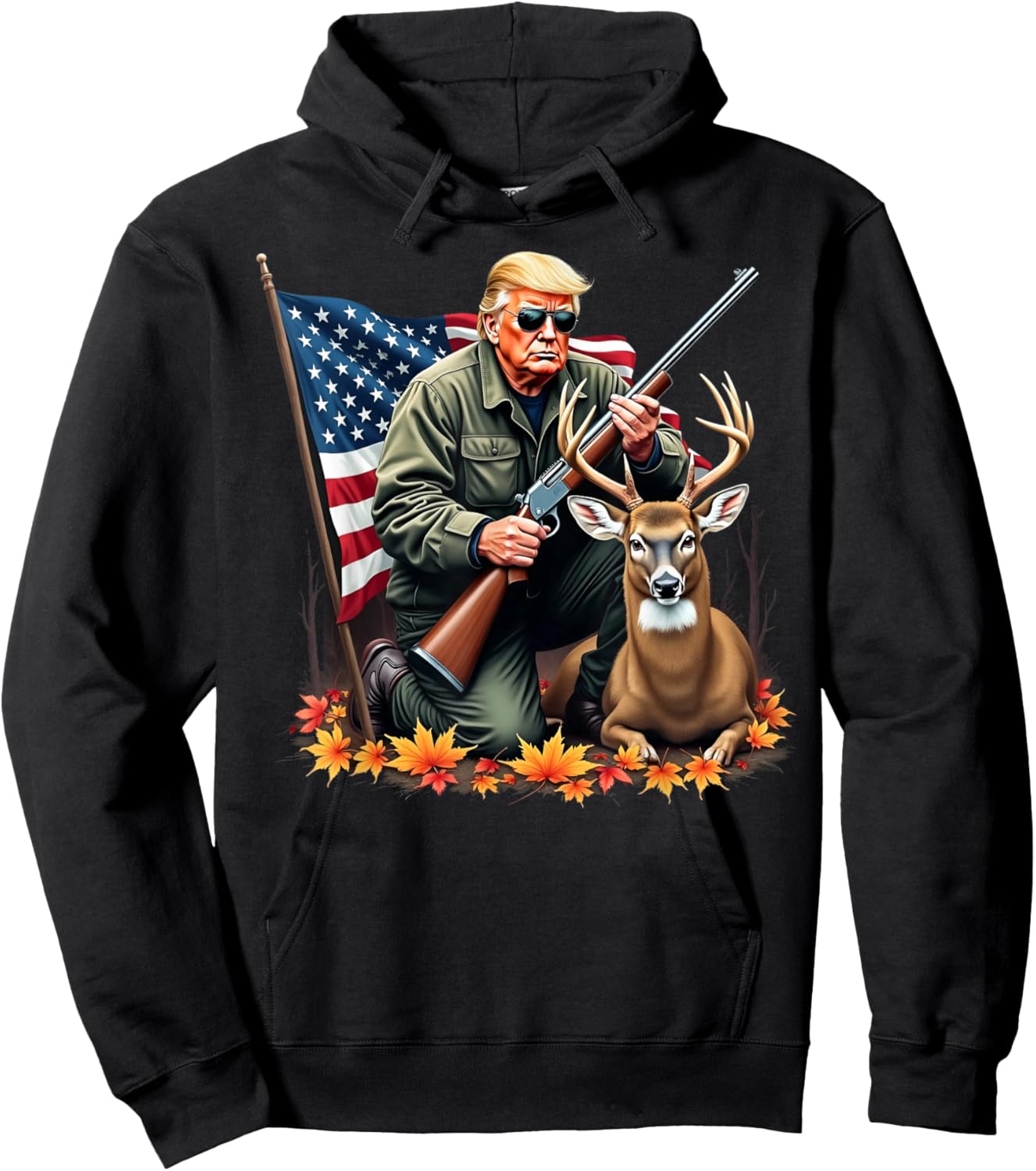 Hunting Deer Season Vintage Trump USA Flag Camouflage Hoodie - Hoodie | Black