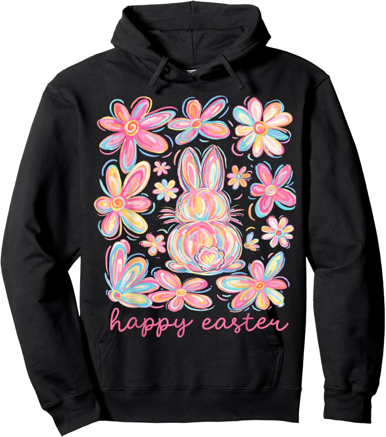 Floral Pink Bunny Cute Happy Easter Day Coquette Bow Flower Hoodie - Hoodie | Black