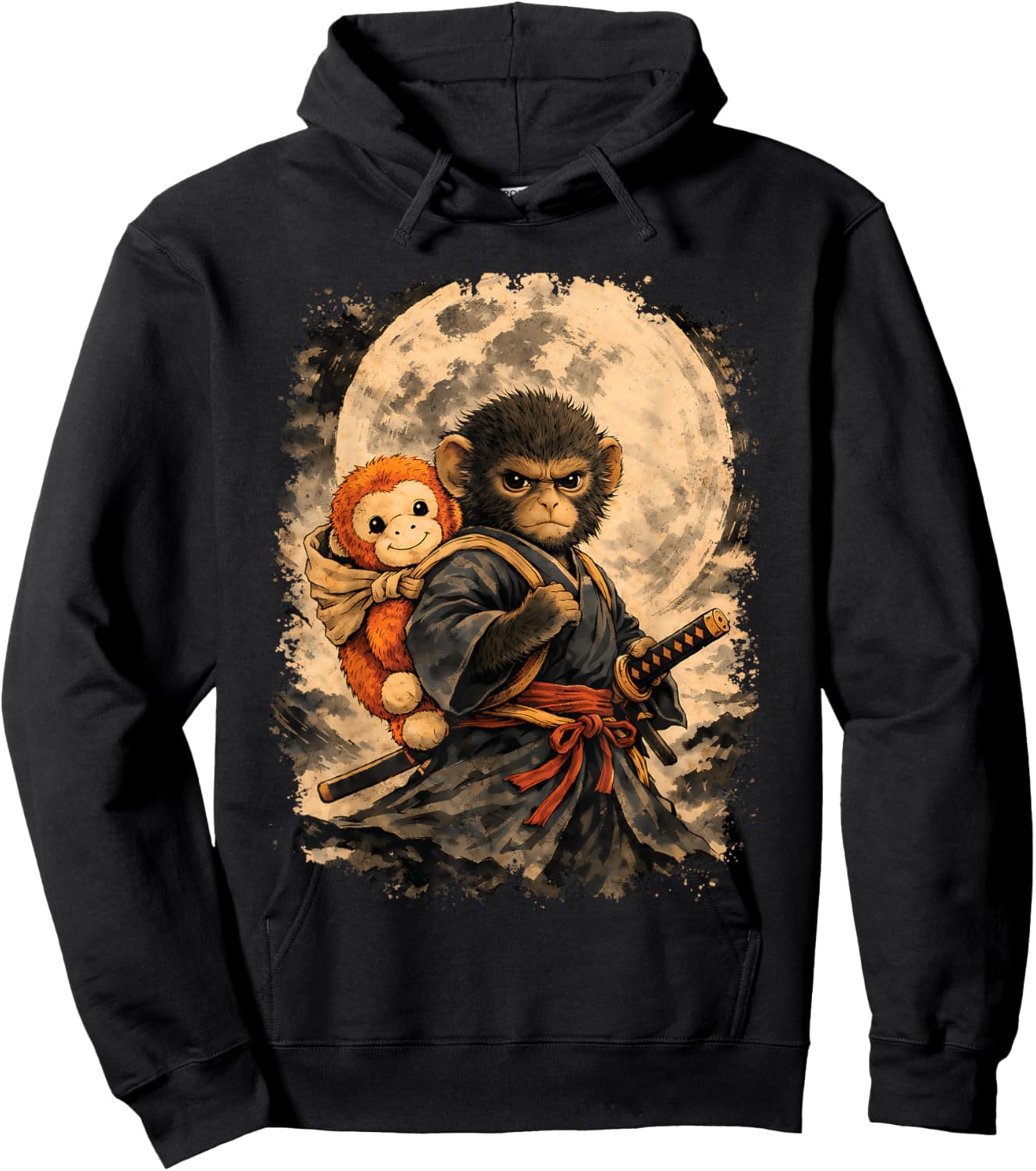 Vintage Punch Monkey Samurai Moon Japanese Ukiyo-e Art Hoodie - Hoodie | Black