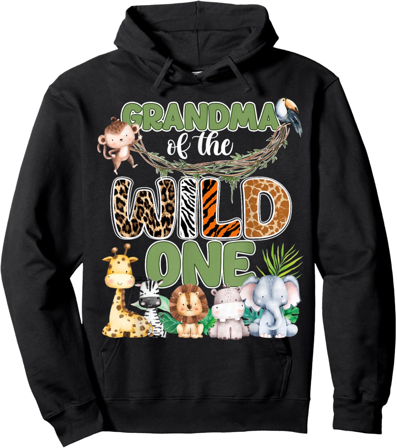 Grandma of The Wild One 1St Birthday Family Safari Jungle Hoodie - Hoodie | Black