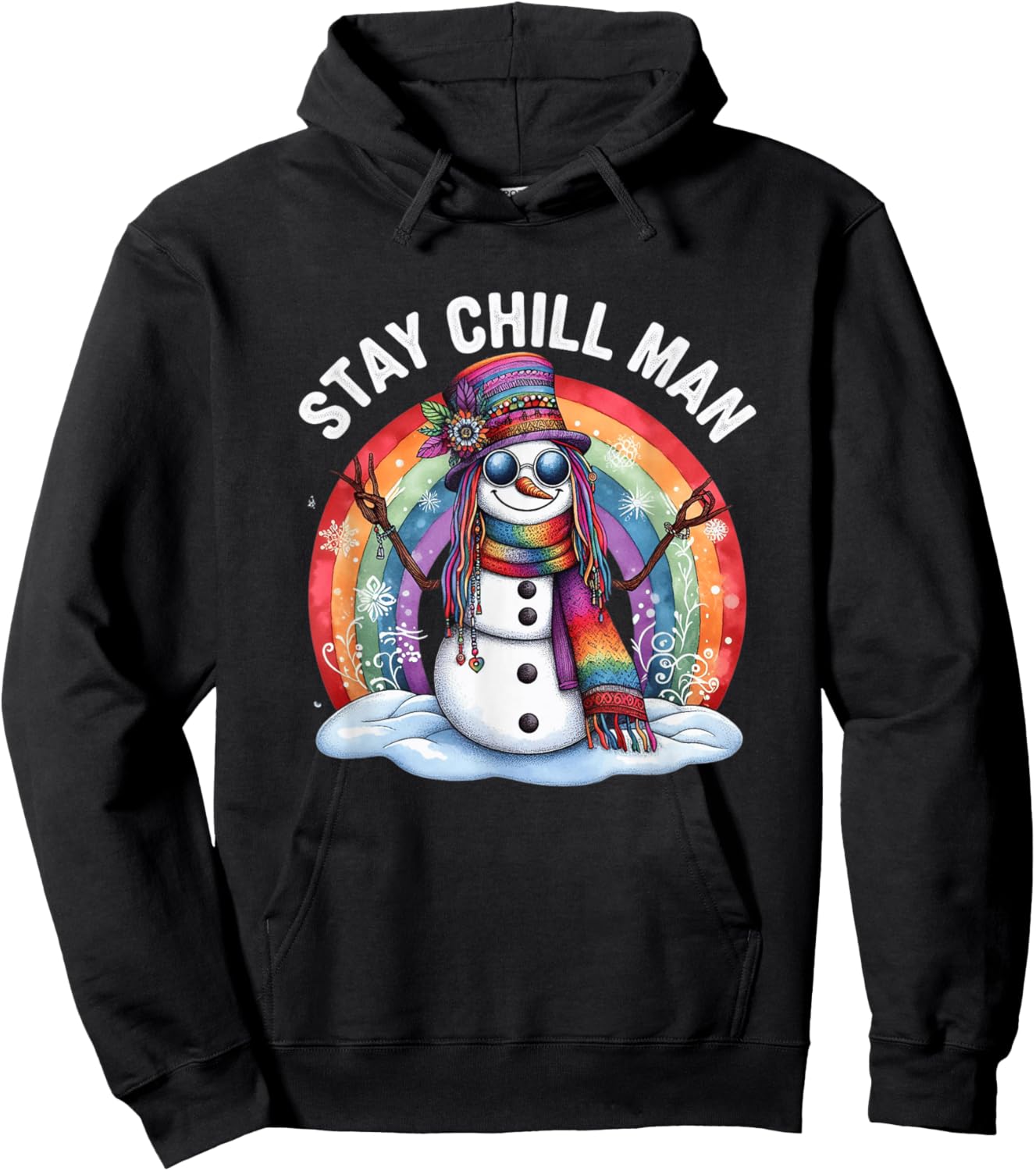Stay Chill Man Hippie Snowman Bohemian Rainbow Xmas Winter Hoodie - Hoodie | Black