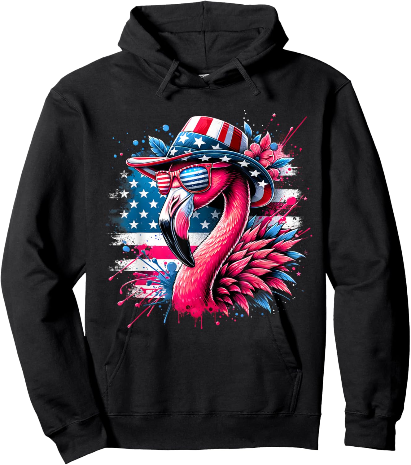 Flamingo 4th of July US American Flag Sunglasses Patriotic Hoodie - Hoodie | Black